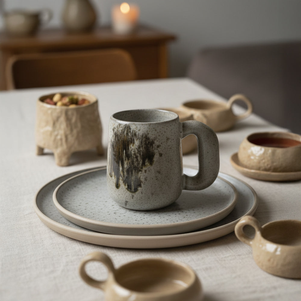 Beacon Terra ceramic plate E837-P-08268, 9-inch round plate with rustic glazed finish, ideal for serving dishes in a modern kitchen.
