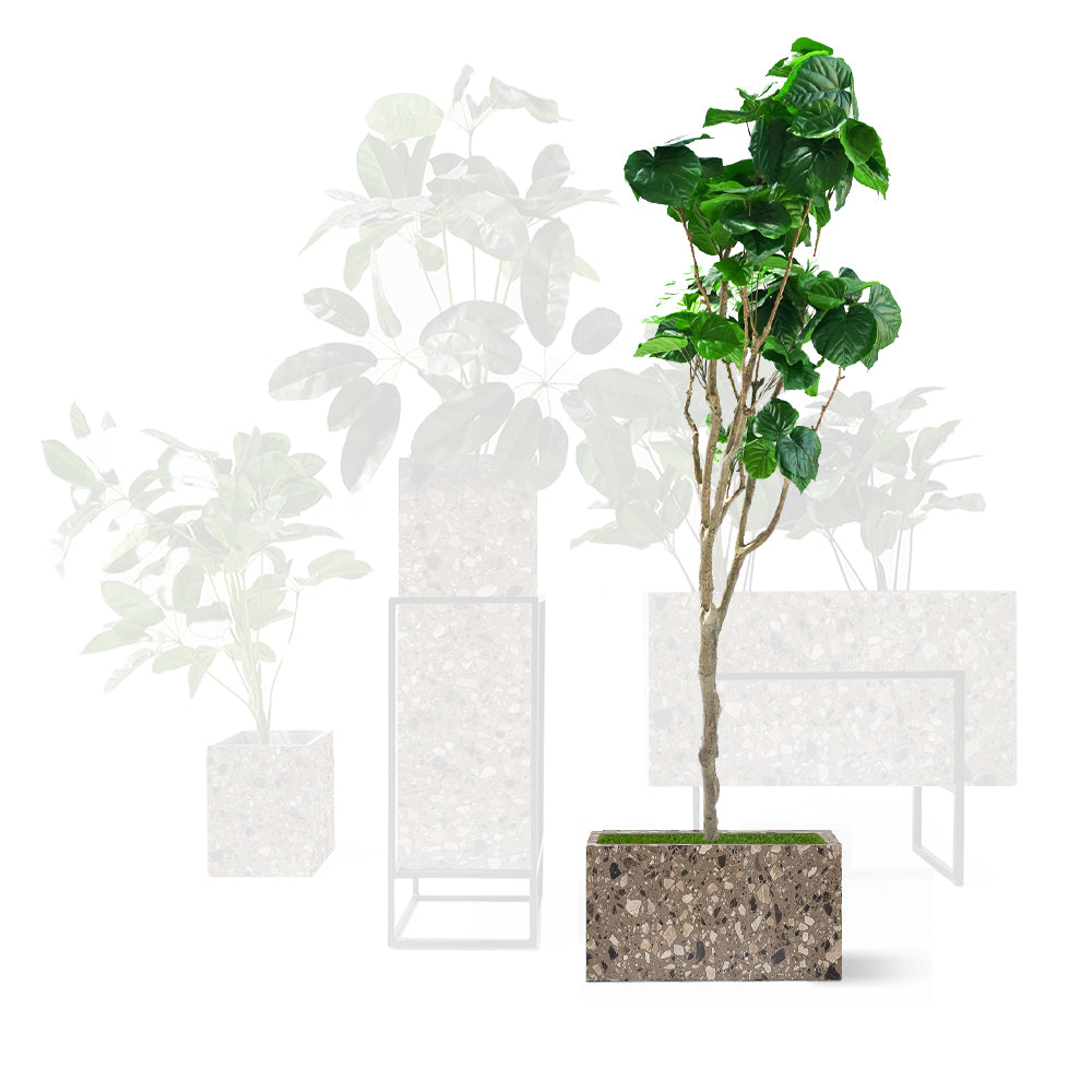 Terrazzo brown planter box by BEACON, rectangular outdoor container for plants with speckled pattern and modern design.
