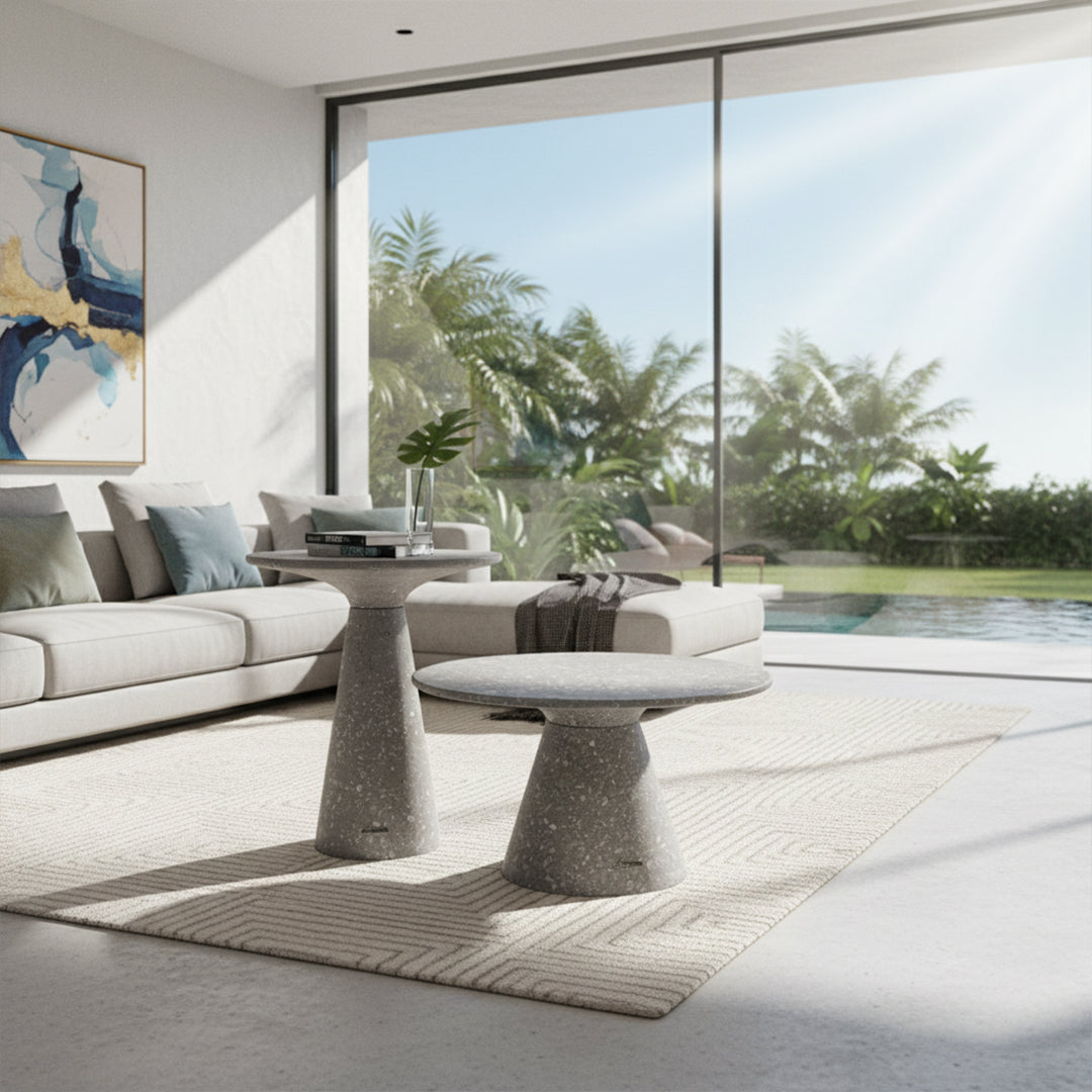 BEACON terrazzo D60 coffee table with a sleek, modern design, showcasing a terrazzo top and sturdy base.