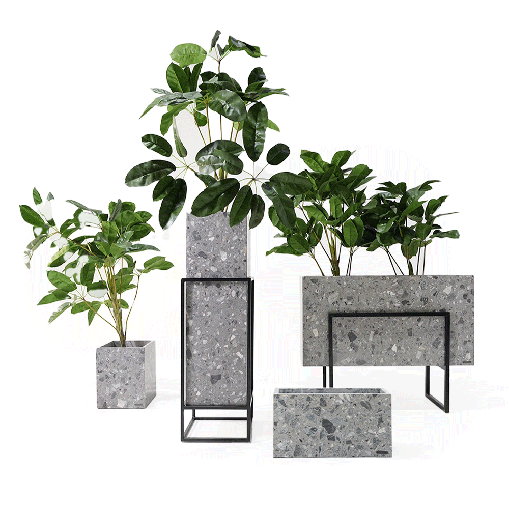 Gray terrazzo planter box from BEACON, rectangular with a smooth surface, ideal for indoor or outdoor plant displays.