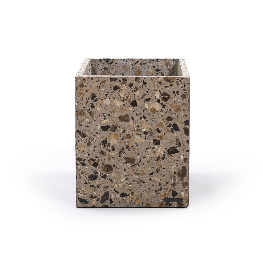 Beige terrazzo planter box with a rectangular shape, designed for indoor or outdoor use, by BEACON.