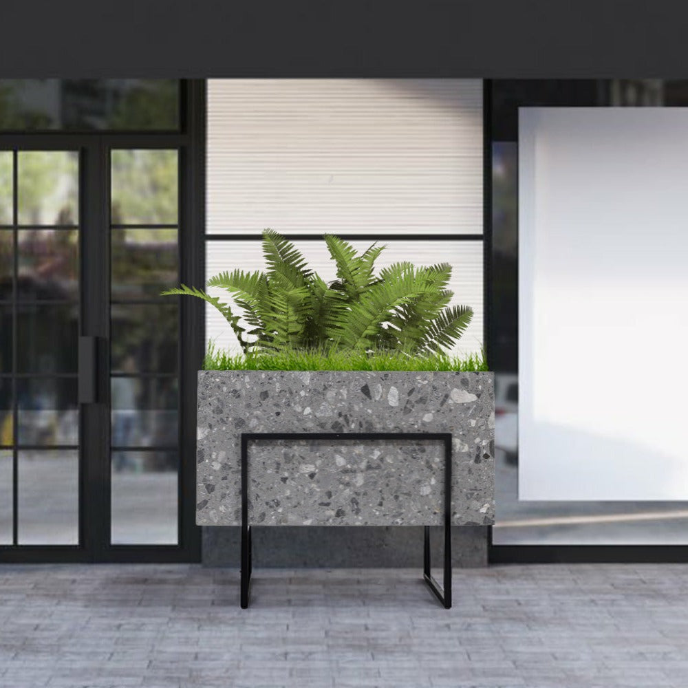 BEACON terrazzo planter box 309-N0370 with a speckled design, ideal for indoor or outdoor decorative plant displays.