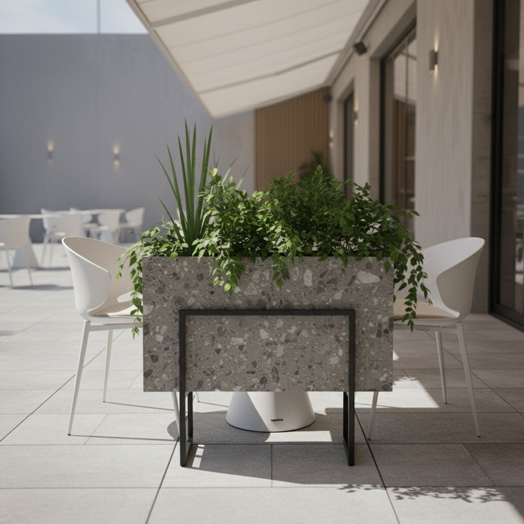 BEACON terrazzo planter box 309-N0370 with a speckled stone finish, perfect for indoor or outdoor plant displays.