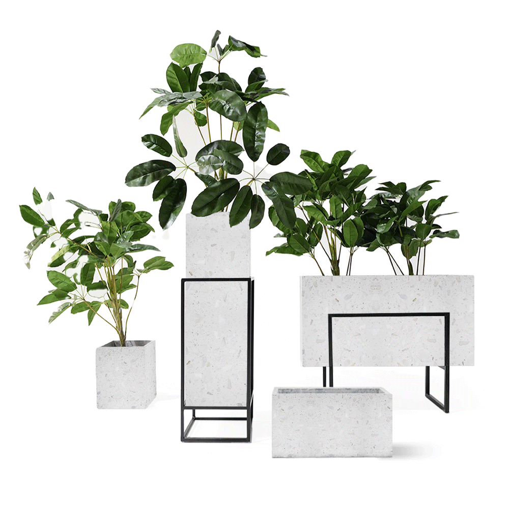 White terrazzo planter box by BEACON, stylish and durable for indoor or outdoor use, with a sleek rectangular design.
