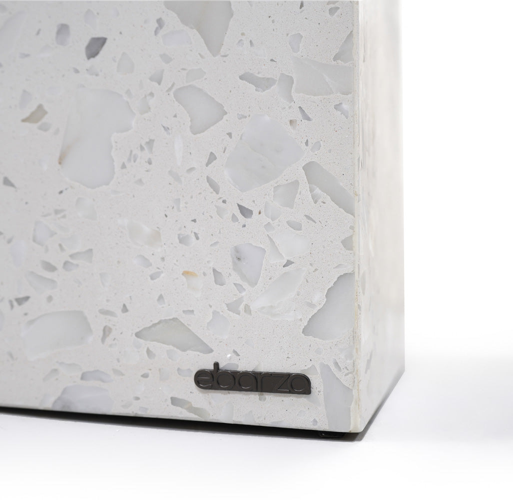 White terrazzo planter box by BEACON, rectangular with smooth finish, ideal for indoor or outdoor decorative plants.