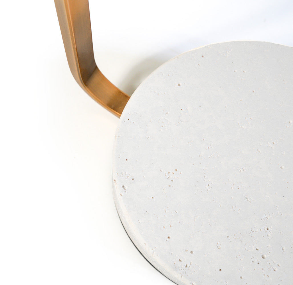 Copper side table with travertine top and gold metal accents, stylish BEACON side table design.