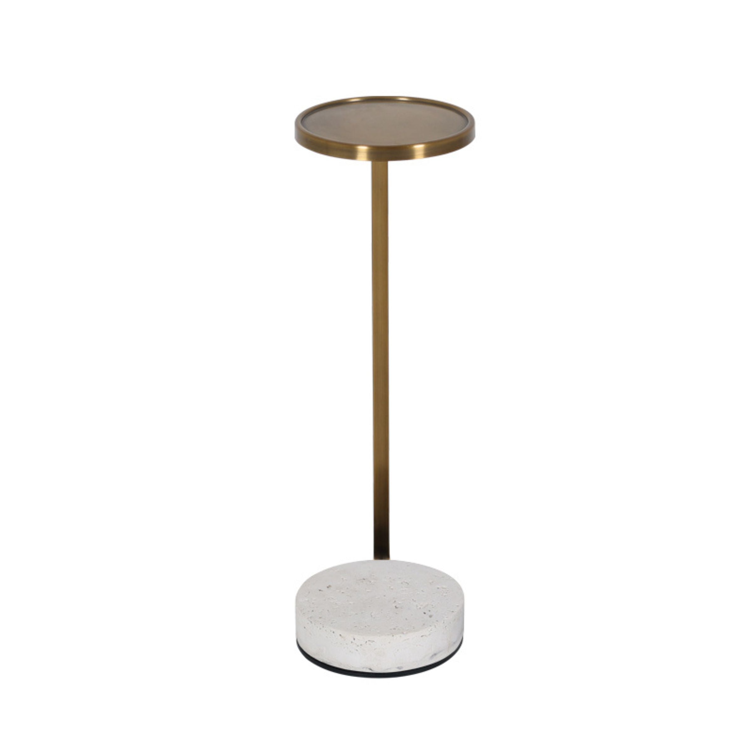 Copper side table with travertine top and gold metal accents, contemporary design by BEACON for stylish home decor.