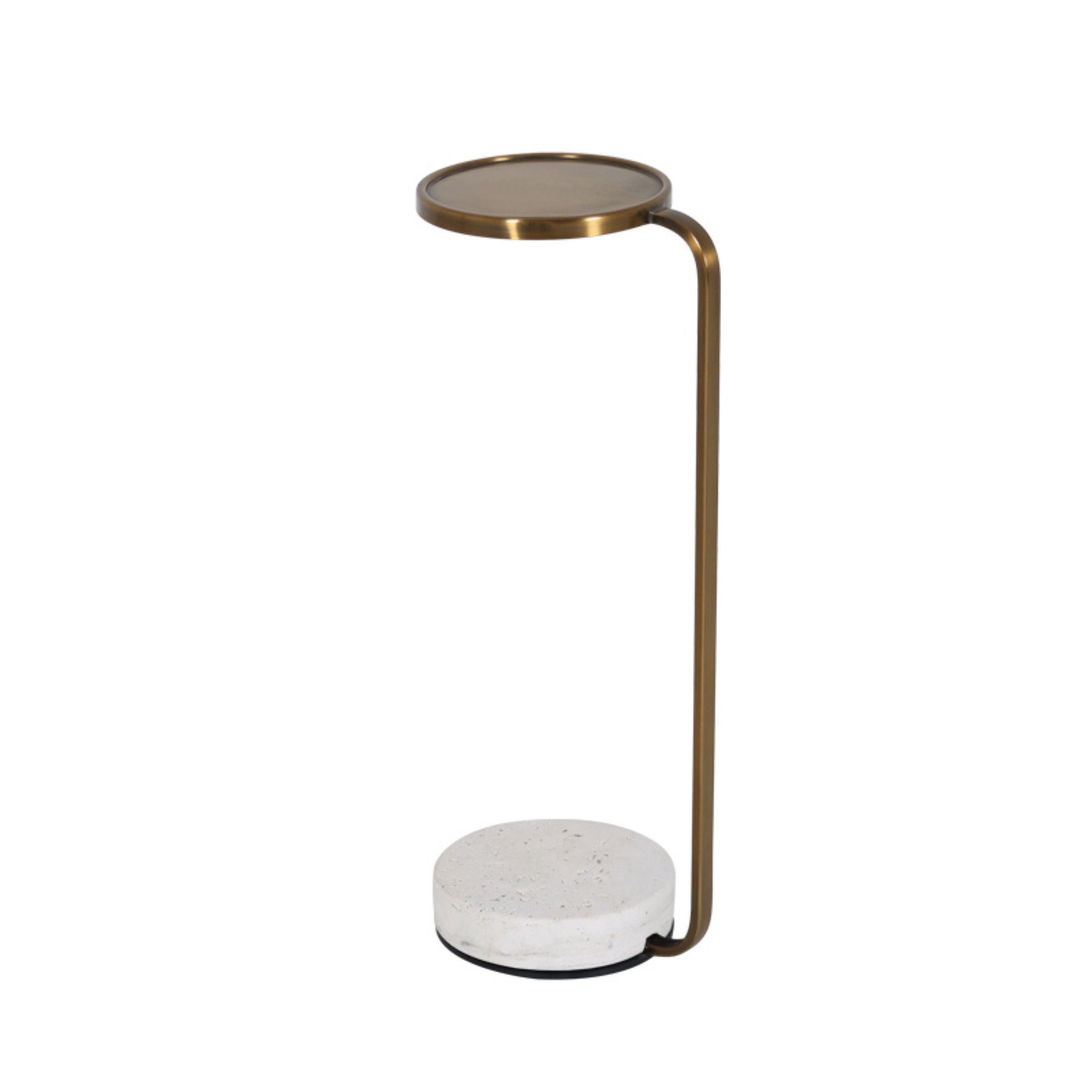 Beacon copper side table with travertine top and gold metal accents, modern and stylish for living room decor.