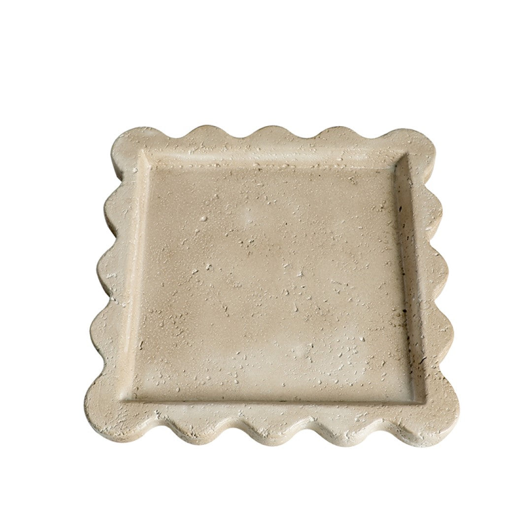 Travertine curved edge plate tray by BEACON, decorative stone serving tray with smooth, rounded edges for elegant presentation.