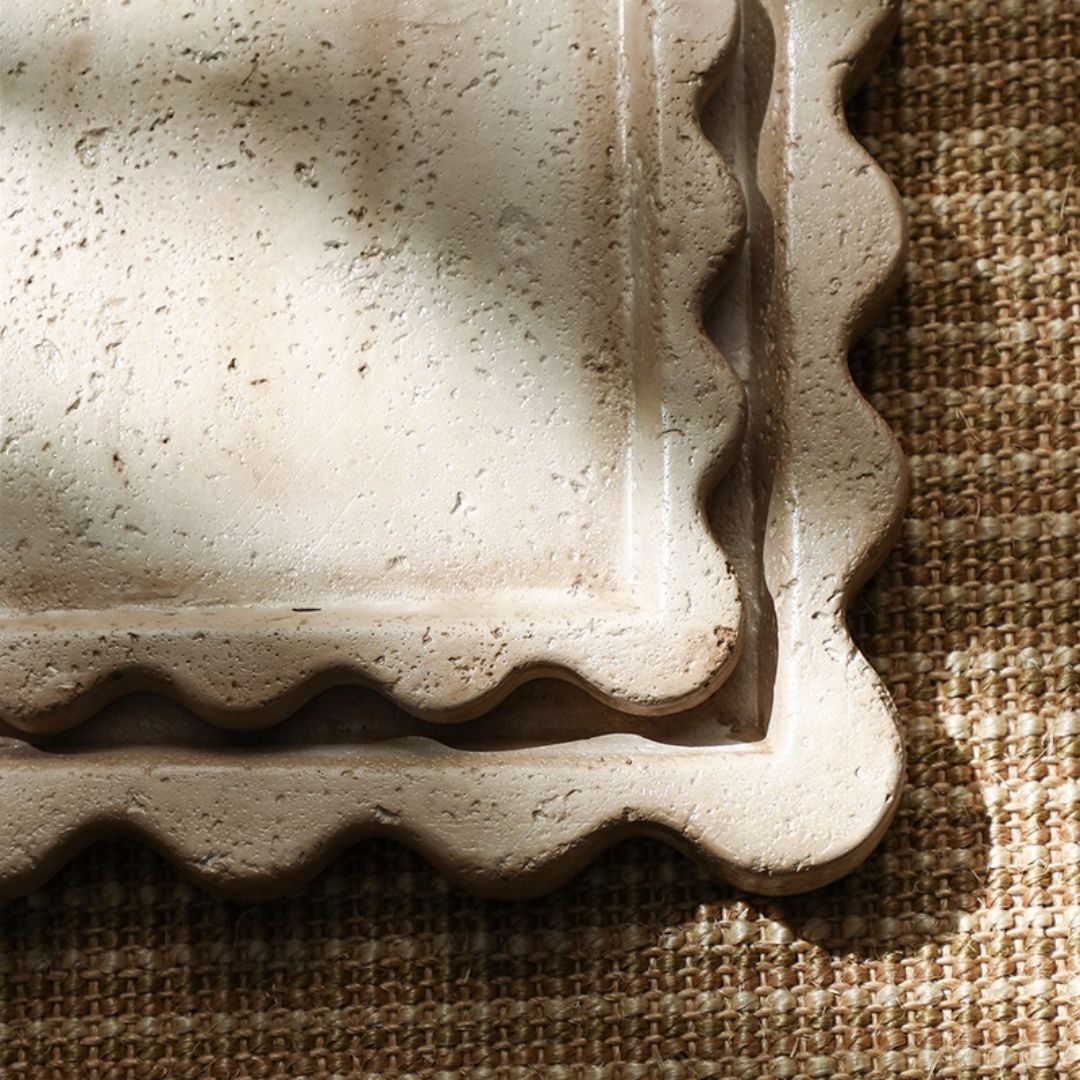 Travertine curved edge tray by BEACON, durable stone surface with elegant rounded edges, ideal for serving or decorative use.