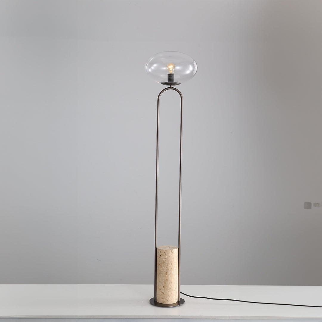 BEACON travertine floor lamp JA051 with cylindrical stone base and sleek design, ideal for modern living spaces.