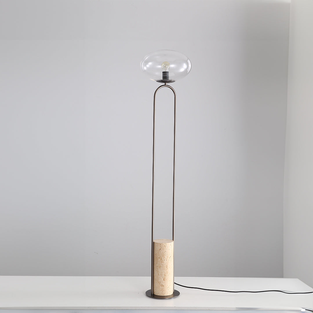 Travertine floor lamp by BEACON, featuring a sleek design with a travertine base and a modern lampshade.