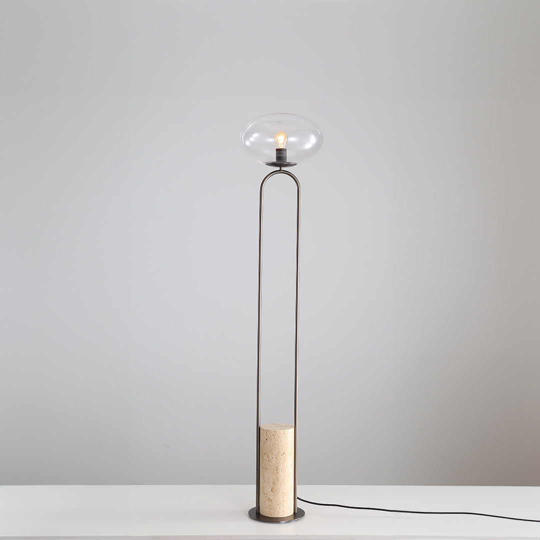 BEACON travertine floor lamp JA051 with a sleek, natural stone base and a tall, modern lampshade for stylish interior lighting.