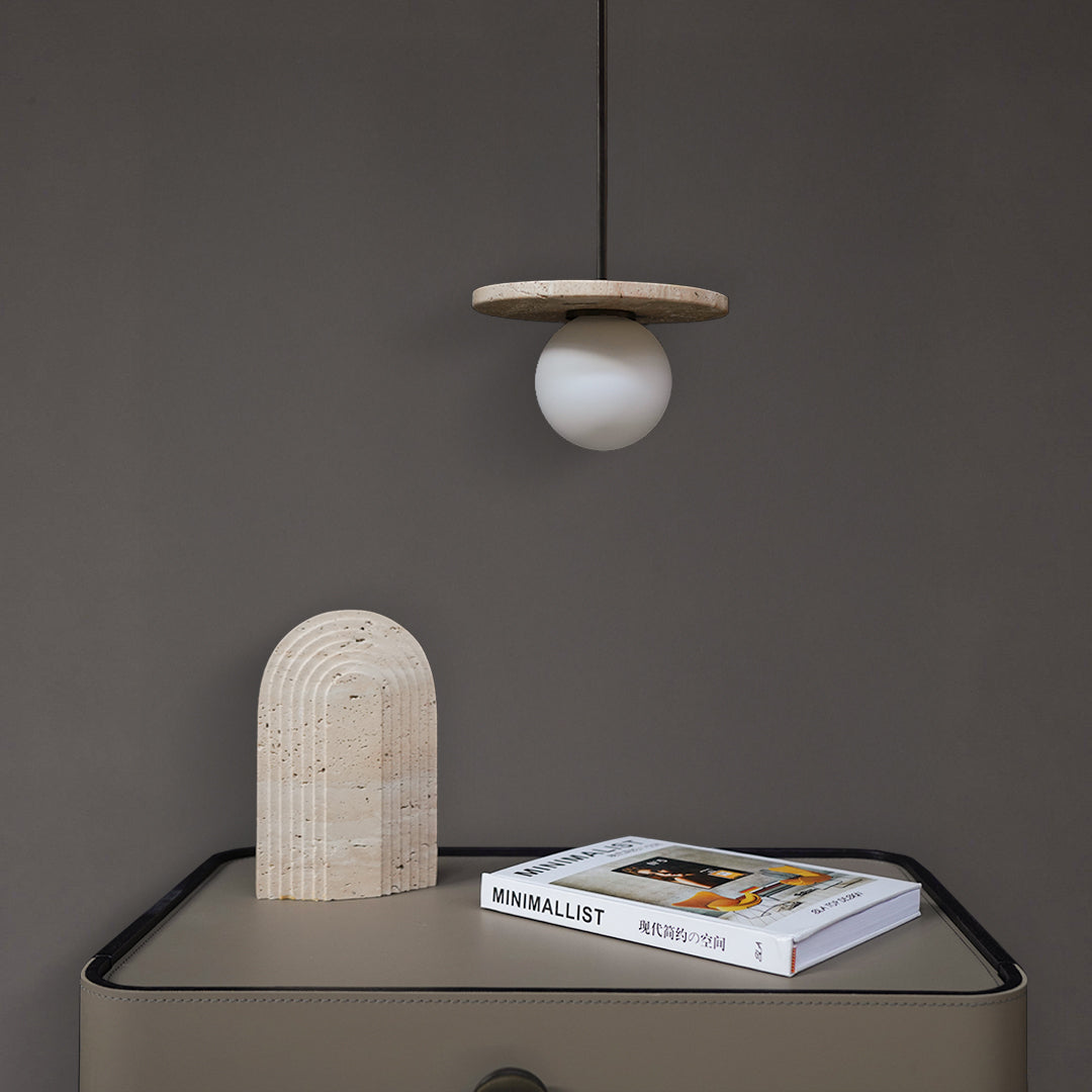 Beige travertine marble pendant lamp by BEACON, modern pendant lighting fixture with natural stone finish.