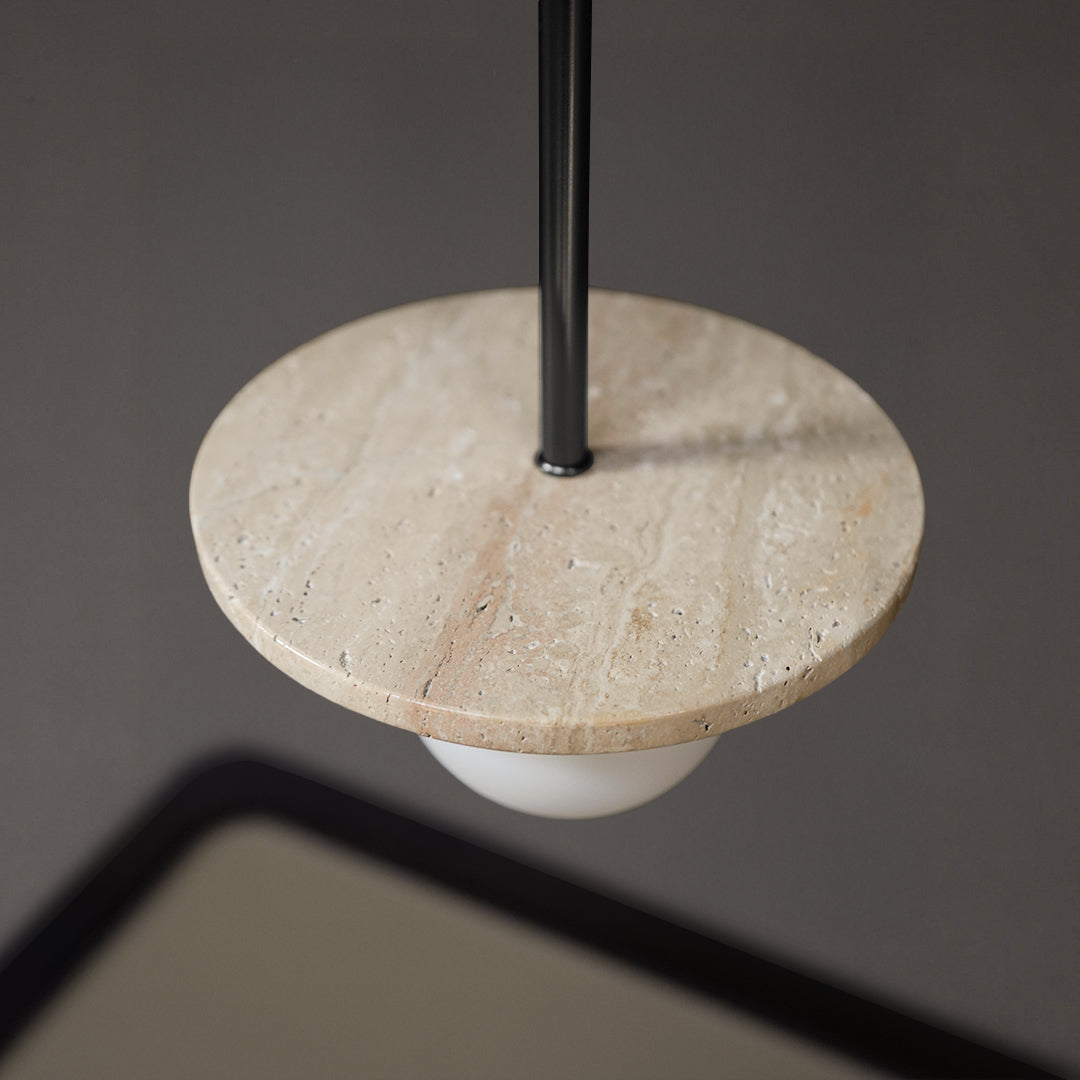Travertine marble pendant lamp by BEACON, modern pendant lighting fixture with natural stone finish, model 7703S1-GB.