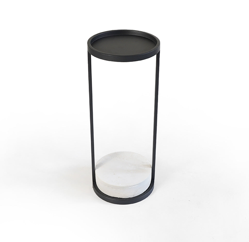 Traveling marble side table with sleek travertine surface and modern design by Beacon, model MO-576, ideal for living spaces.