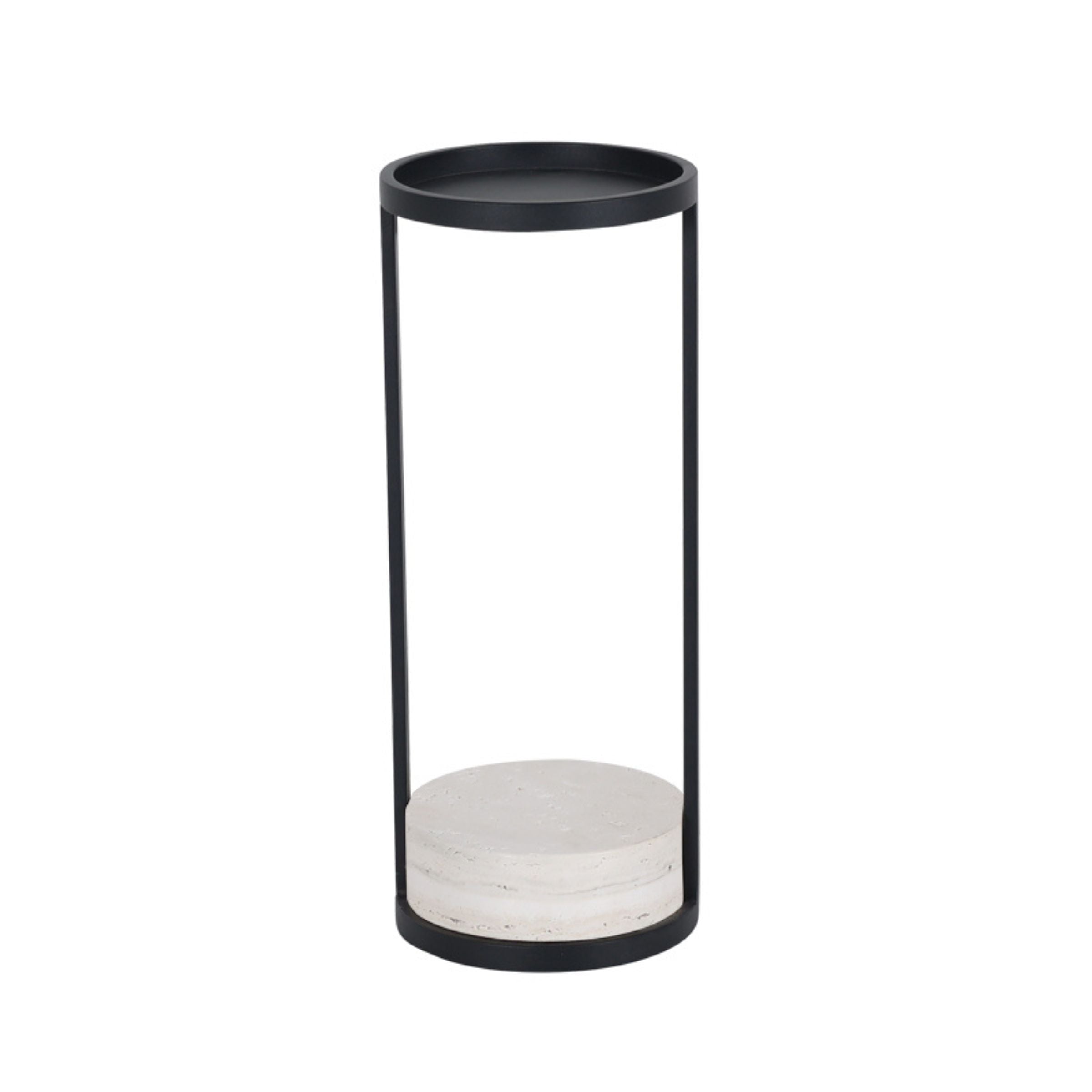Travertine marble side table by BEACON with sleek, modern design and sturdy metal legs, perfect for living room decor.
