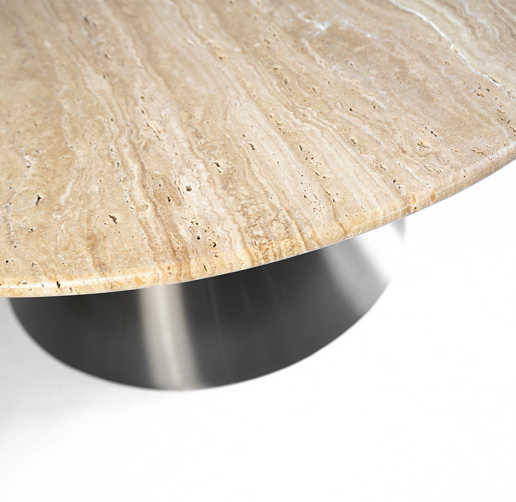BEACON coffee table with travertine top and stainless steel base, modern design for living room decor.