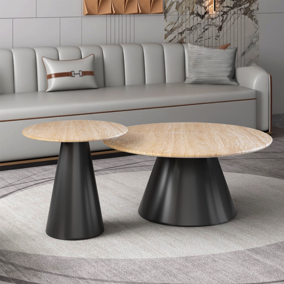 BEACON travertine top and stainless steel base coffee table, modern design, PZ-C08-B, perfect for contemporary living rooms.