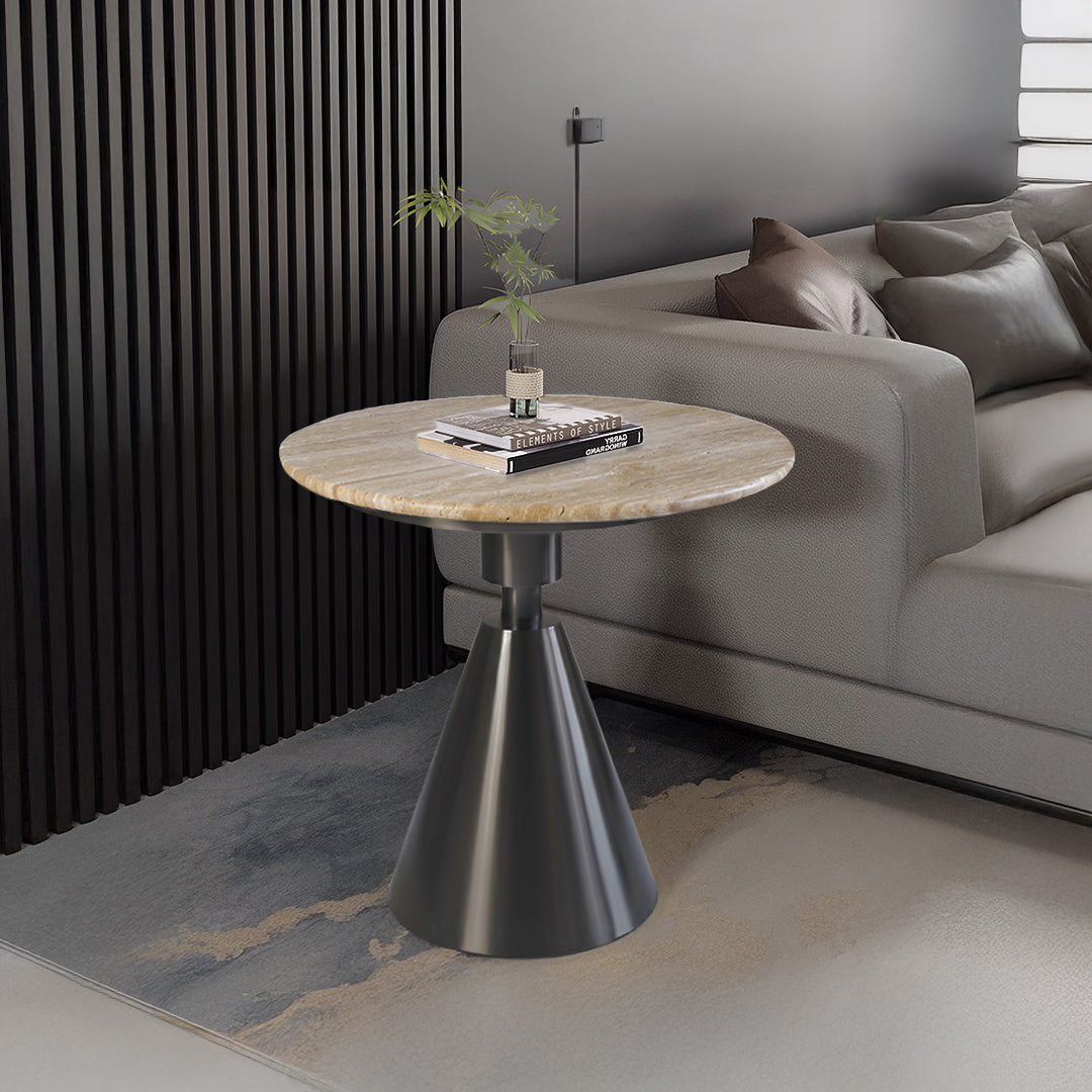BEACON travertine top and stainless steel base coffee table, modern design, sturdy construction, sleek surface, PZ-C09-S model.