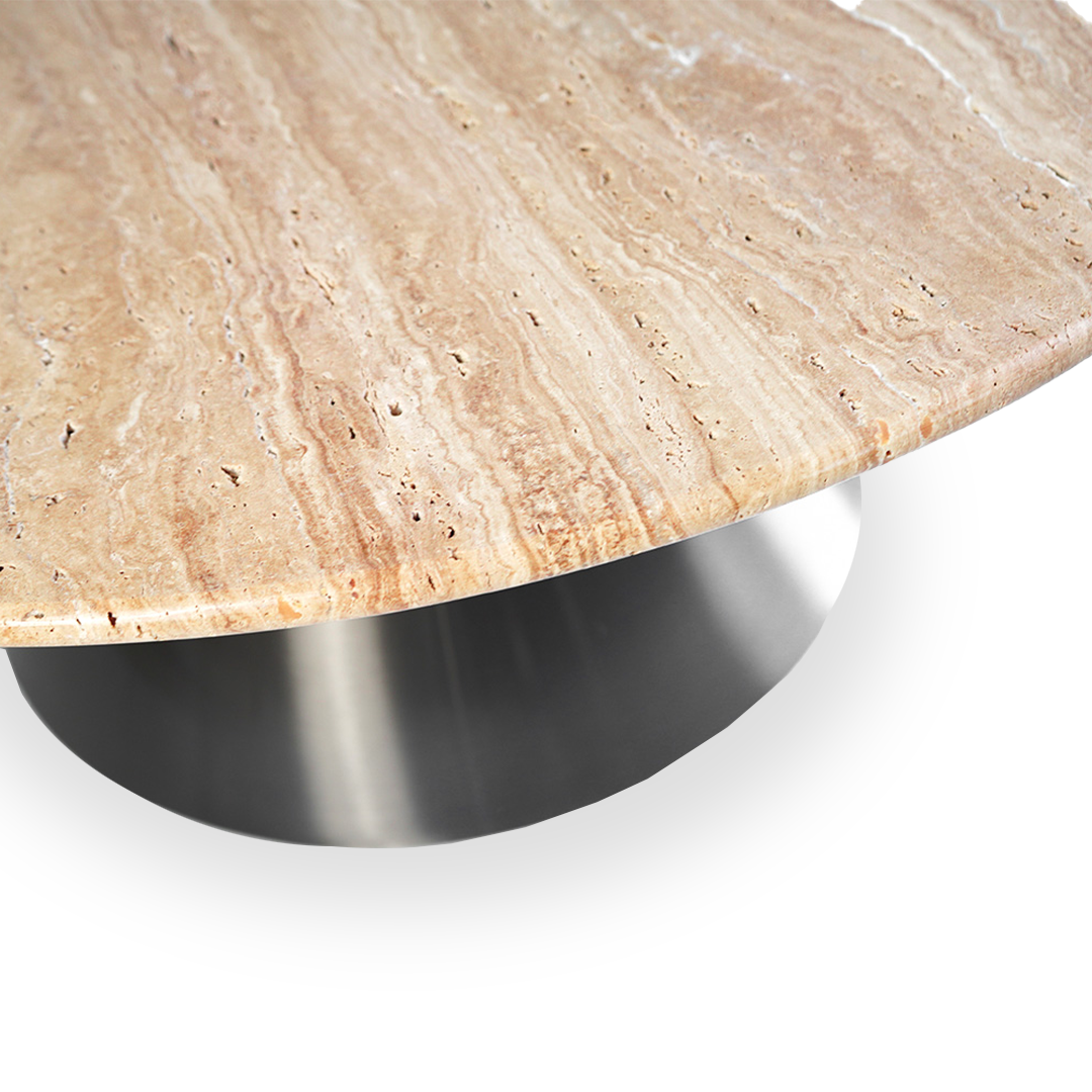 BEACON Travertine top and stainless steel base coffee table PZ-C09-S, modern design with elegant stone and metal finish.