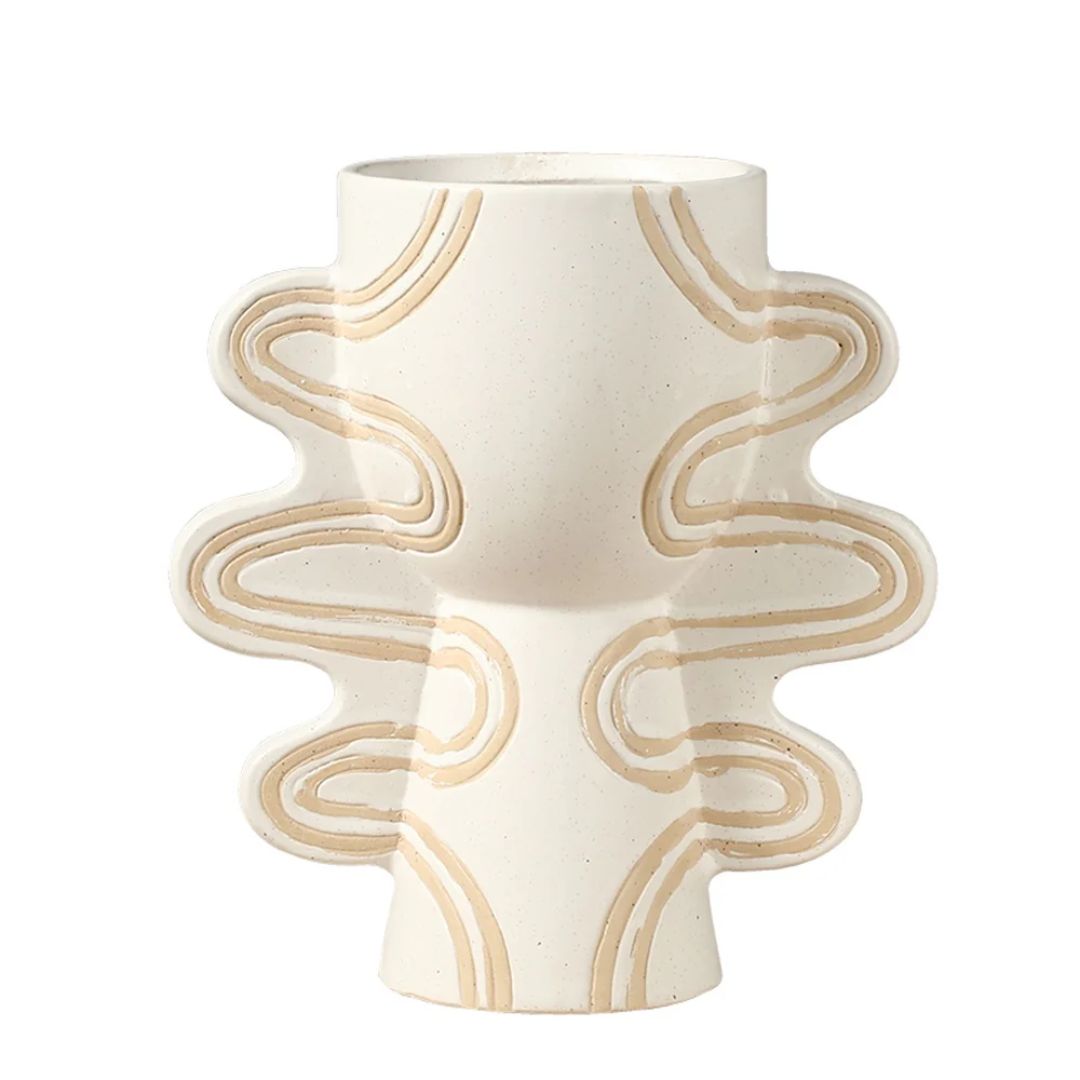 White and beige ceramic vase with handle detail from Beacon's Tribal Civilization collection, featuring intricate design and a smooth finish.