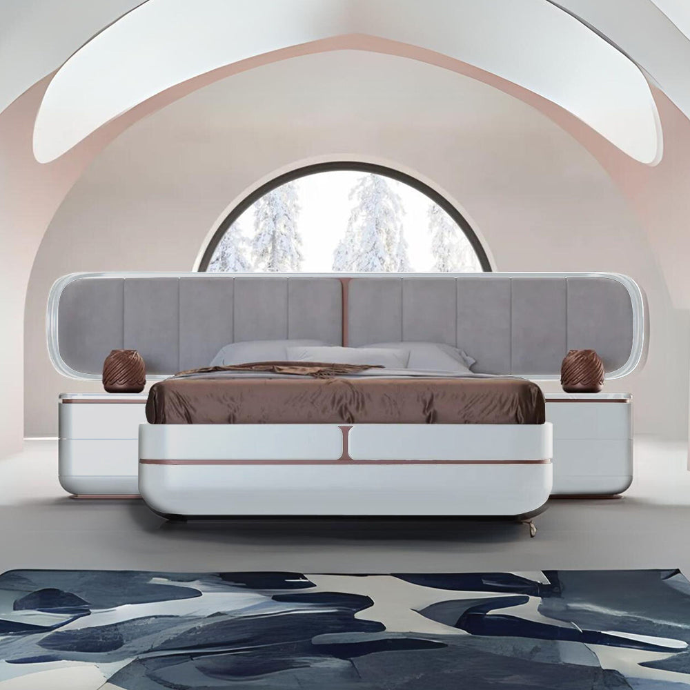 Grey king size Tulip bedstead by LODA FURNITURE with a modern design and wooden frame, shown in a well-lit bedroom setting.