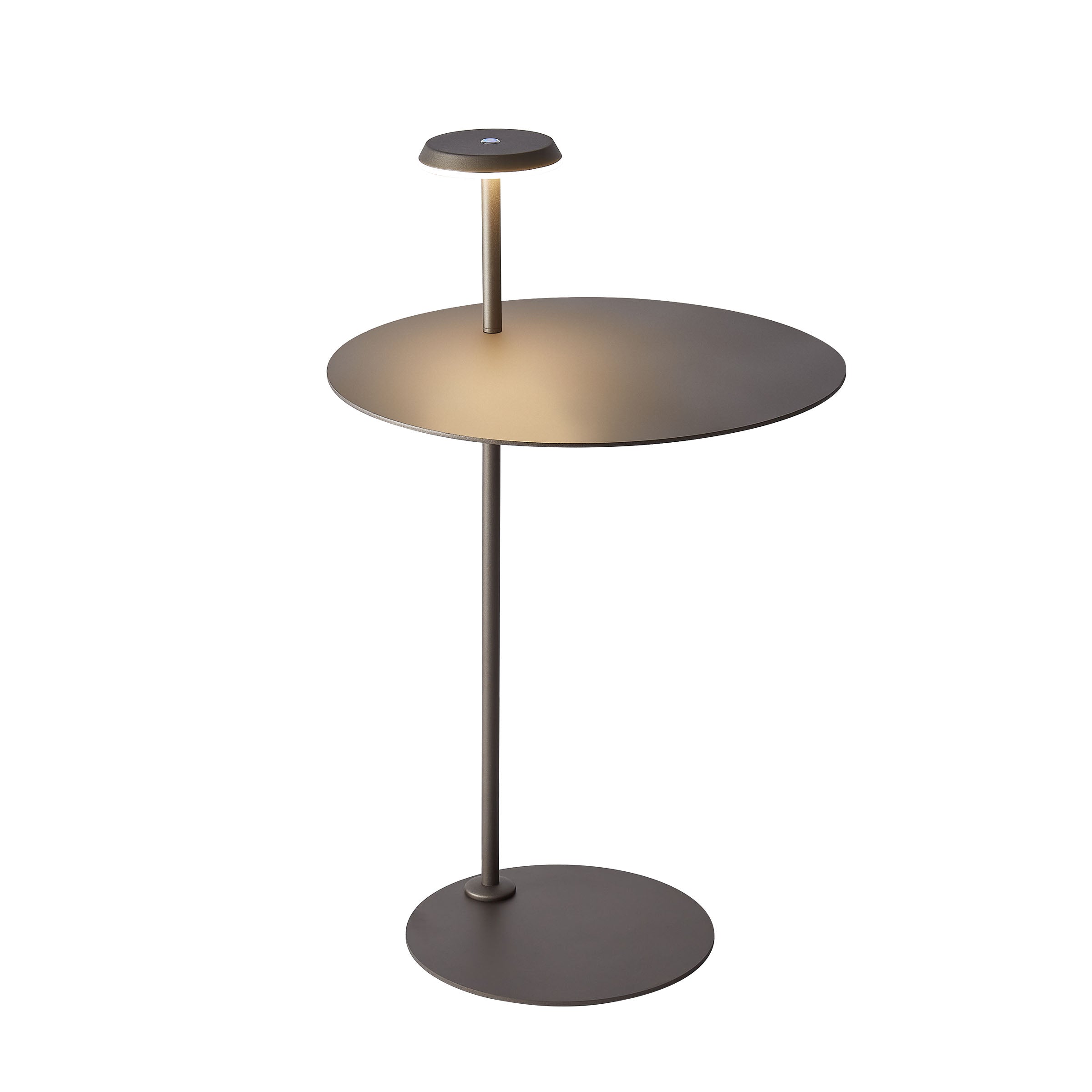 Beacon Twilight tabletop floor lamp with integrated side table, modern design, beige and wood finish, ideal for living room or bedroom.