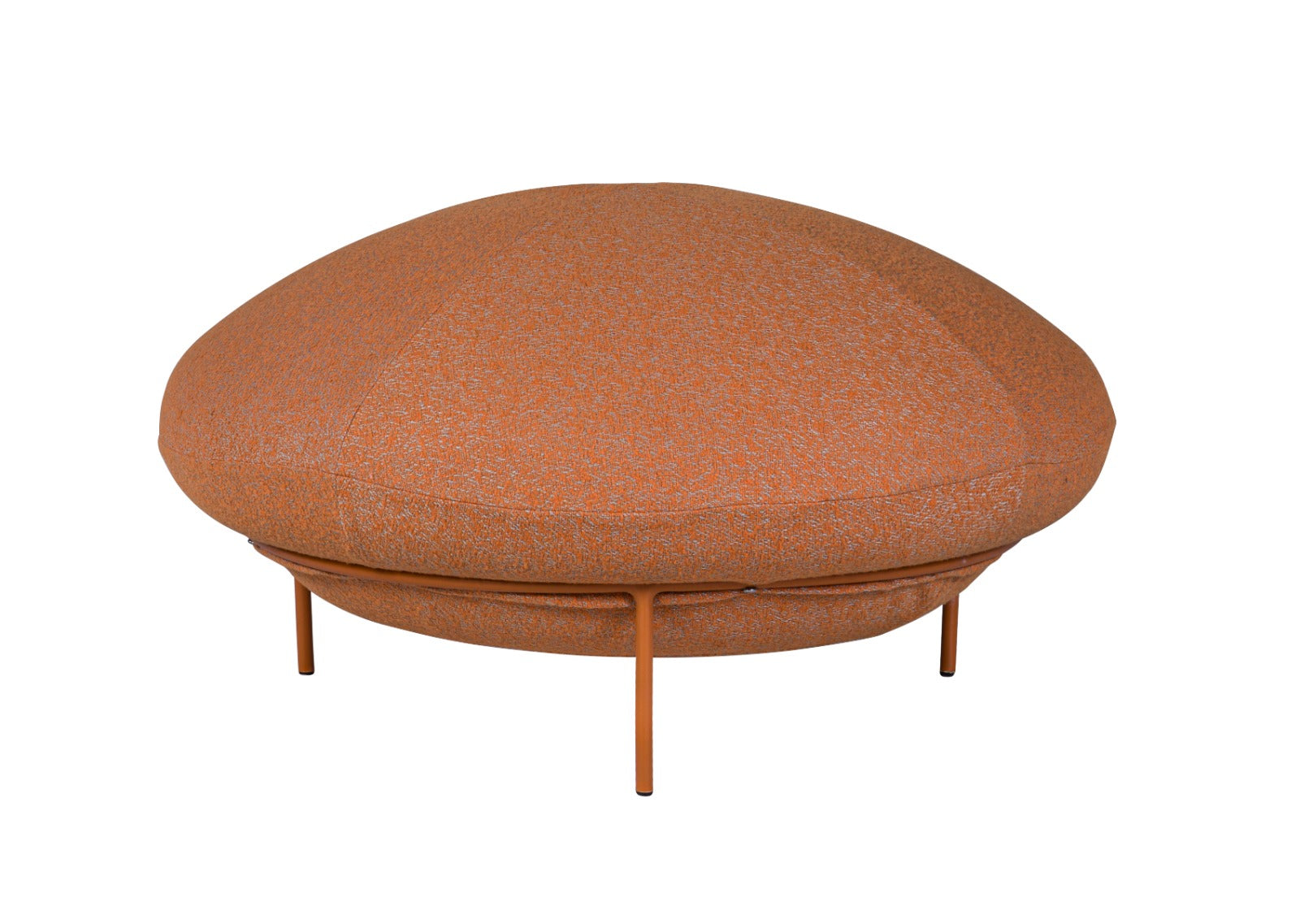 Bright orange UFO-shaped outdoor stool by BEACON, sturdy plastic seat for outdoor seating and casual gatherings.