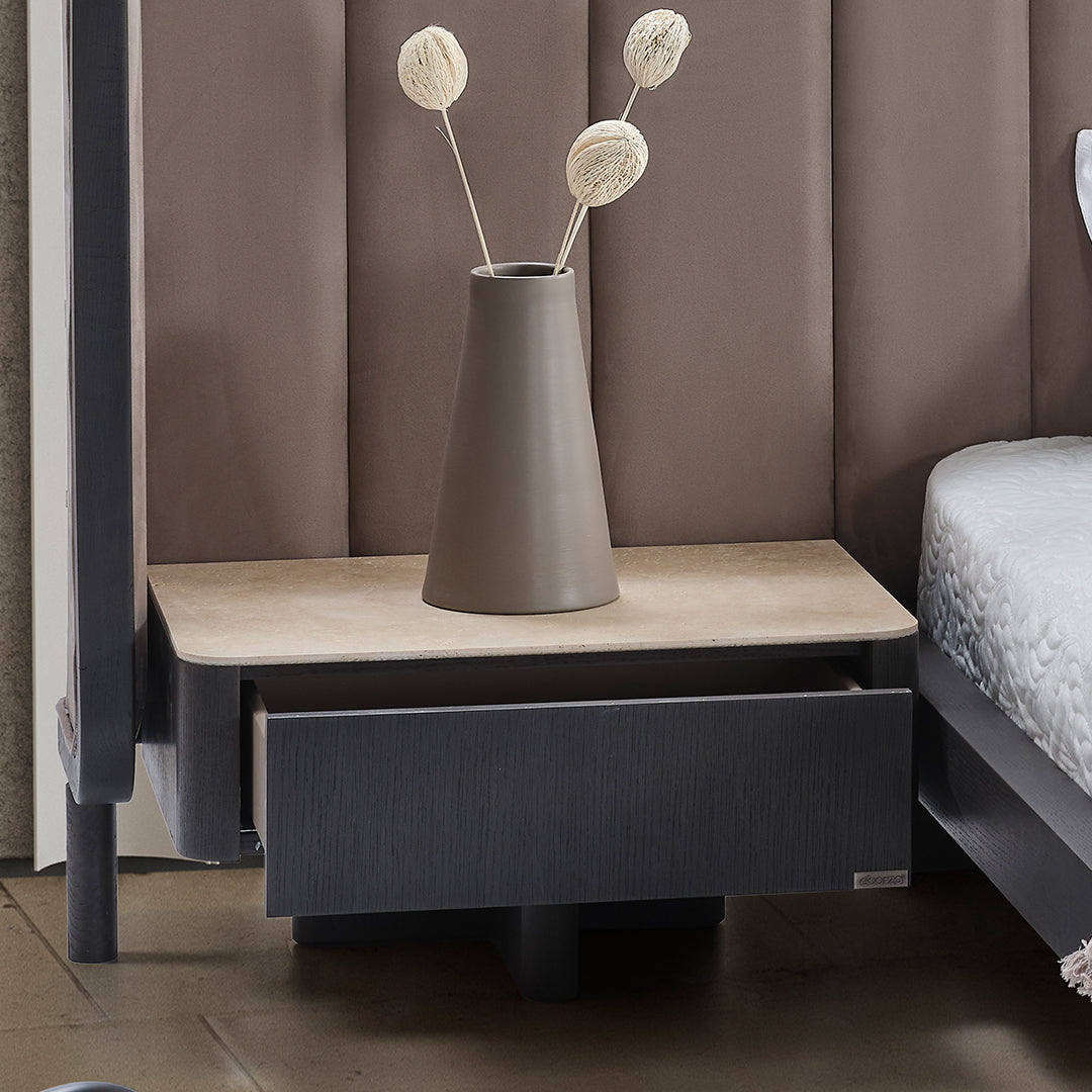 Ecole Living Utopia bedside table with a sleek wooden finish, compact design, and single drawer for bedroom storage.