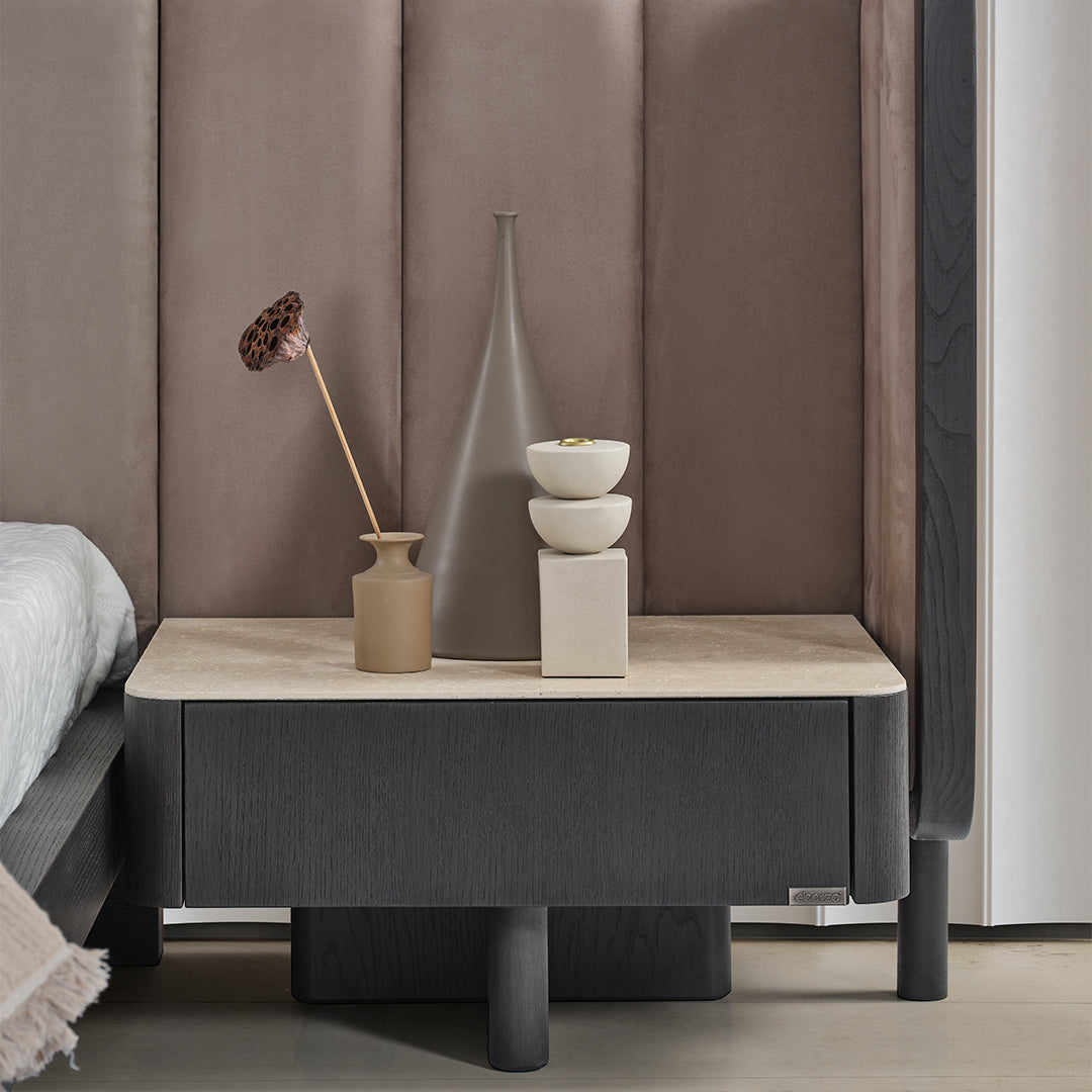 ECOLE LIVING UTOPIA bedside table with a modern design, featuring a smooth surface and storage shelf for bedroom use.