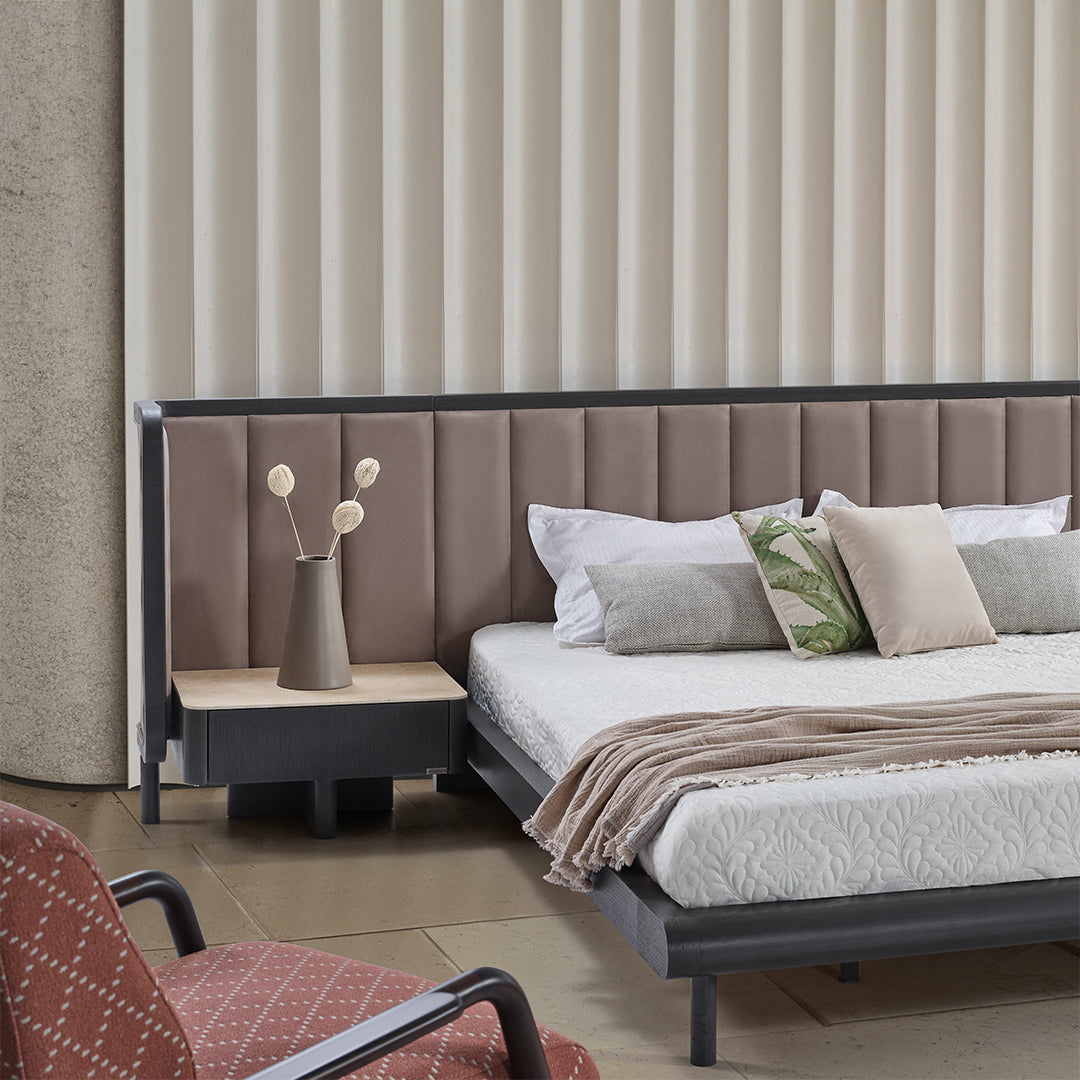 ECOLE LIVING UTOPIA bedside table with a sleek modern design, featuring a single drawer and open shelf for bedroom storage.