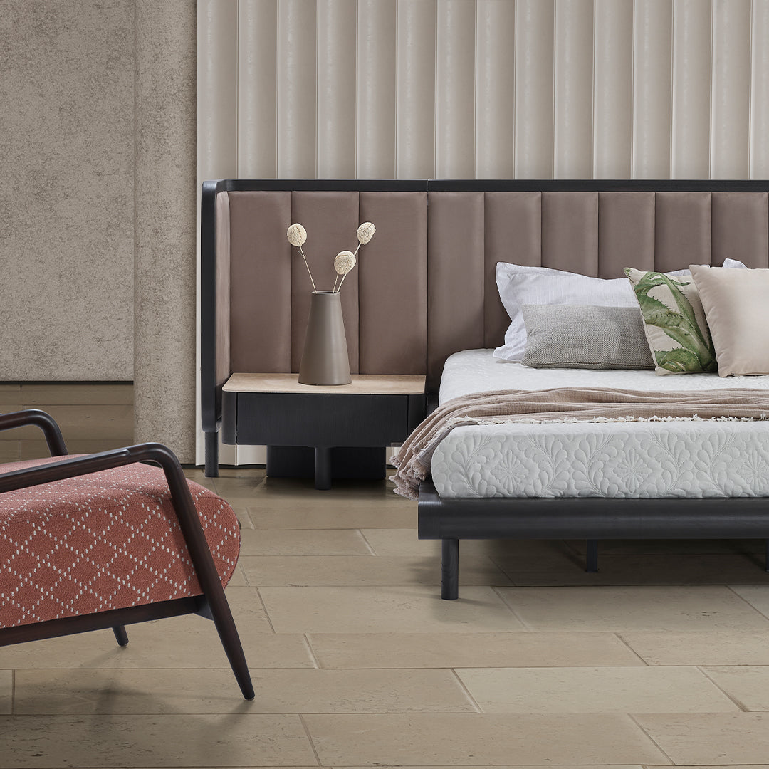 ECOLE LIVING UTOPIA bedstead with sleek wooden frame and simple design, shown in a modern bedroom setting.