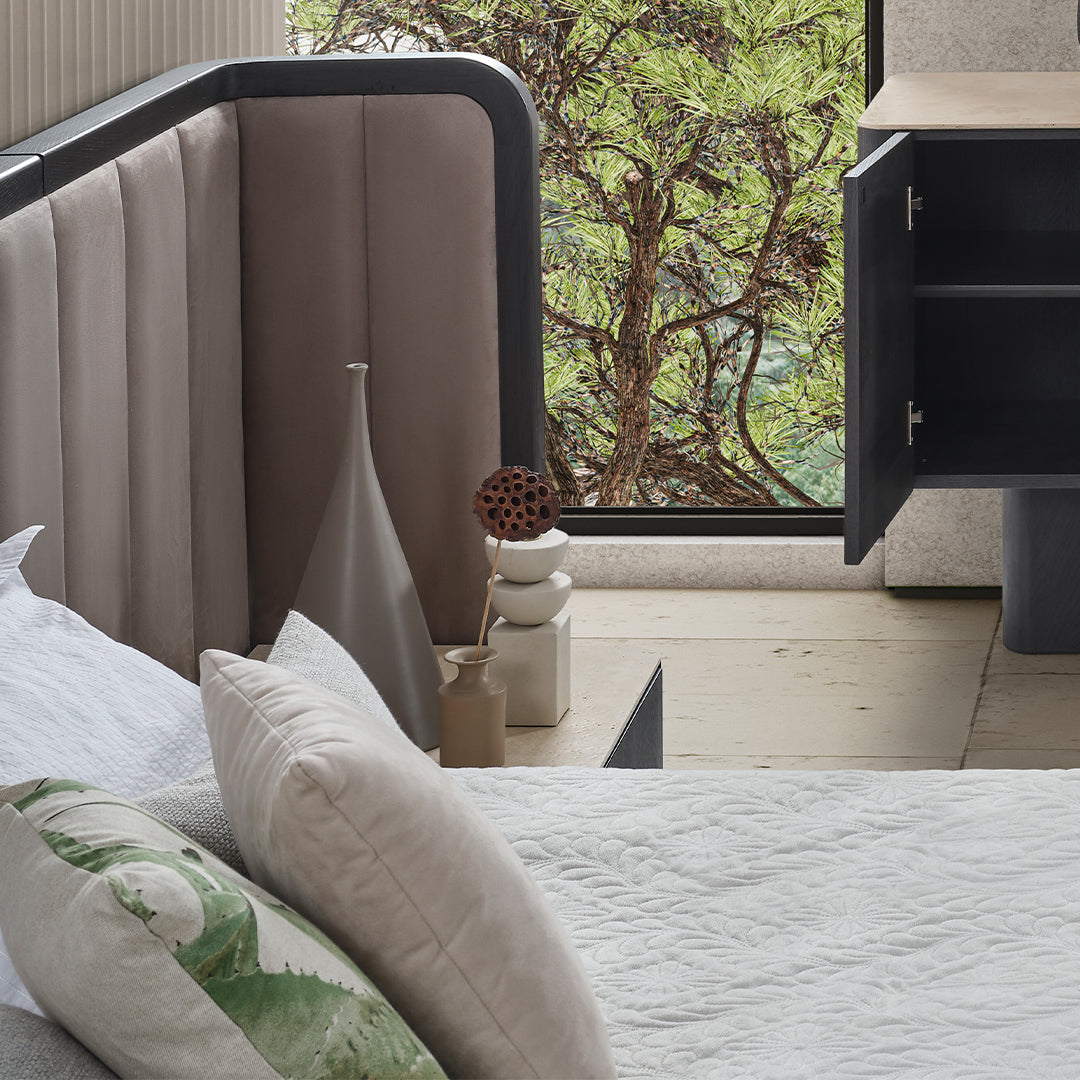 ECOLE LIVING UTOPIA bedstead in a modern design with wooden finish, showcasing the sturdy frame and elegant headboard.