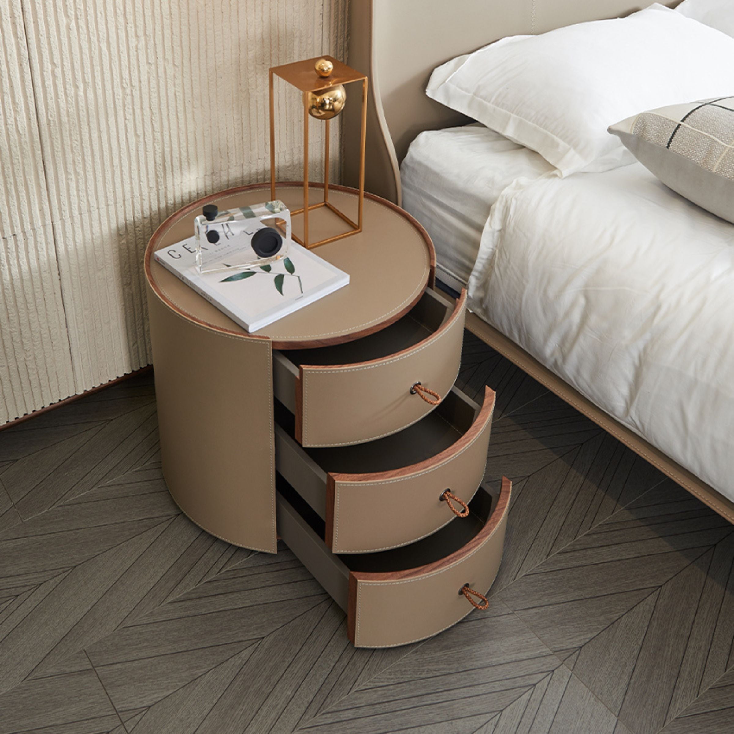 Verona Beige Walnut Veneer Saddle Leather  Side Table/Cabinet MLL-T38 -  Bedside Tables - ebarza Furniture UAE | Shop Modern Furniture in Abu Dhabi & Dubai - مفروشات ايبازرا في الامارات | تسوق اثاث عصري وديكورات مميزة في دبي وابوظبي