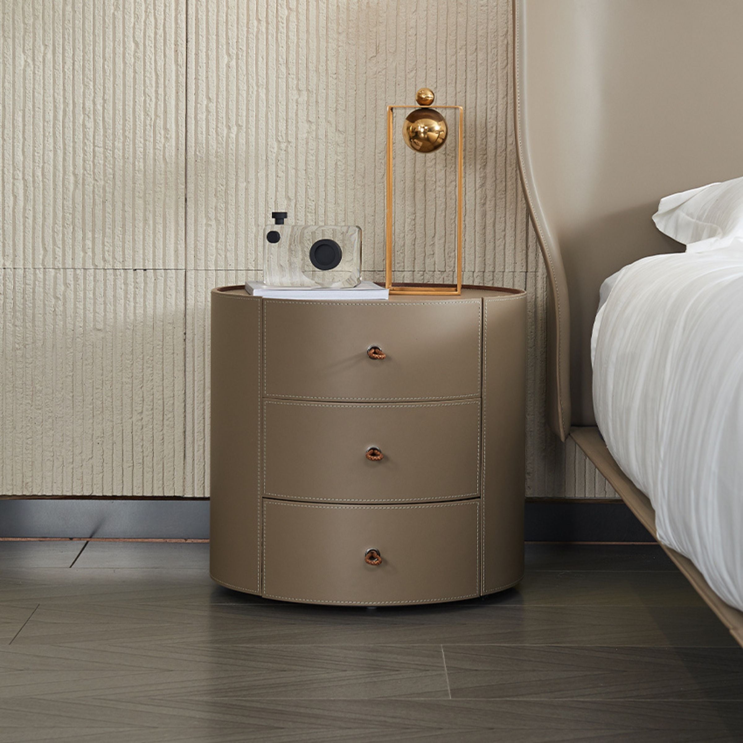 Verona Beige Walnut Veneer Saddle Leather  Side Table/Cabinet MLL-T38 -  Bedside Tables - ebarza Furniture UAE | Shop Modern Furniture in Abu Dhabi & Dubai - مفروشات ايبازرا في الامارات | تسوق اثاث عصري وديكورات مميزة في دبي وابوظبي