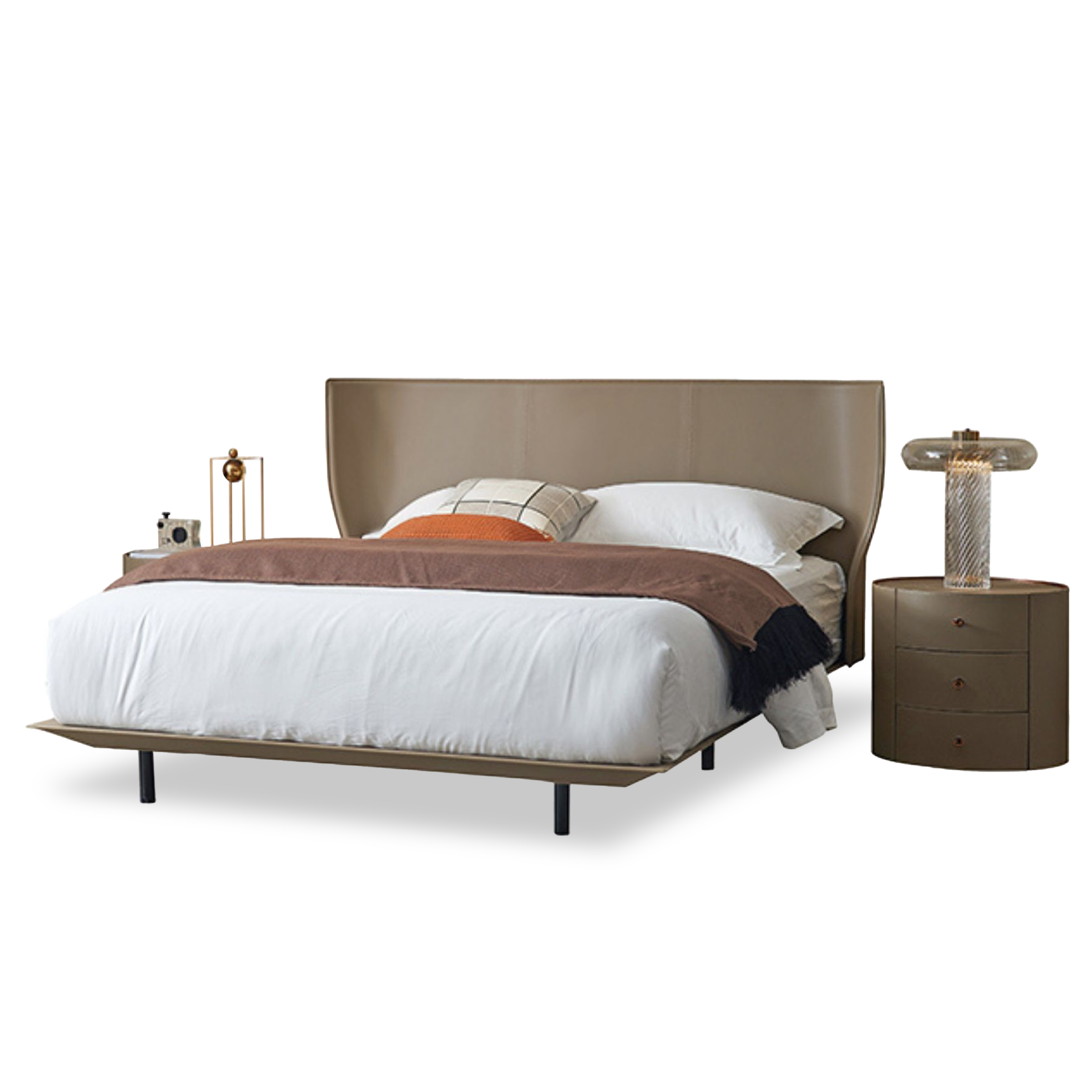 Khaki Verona single size bedstead by BEACON with wooden frame and simple design, shown from a side view.