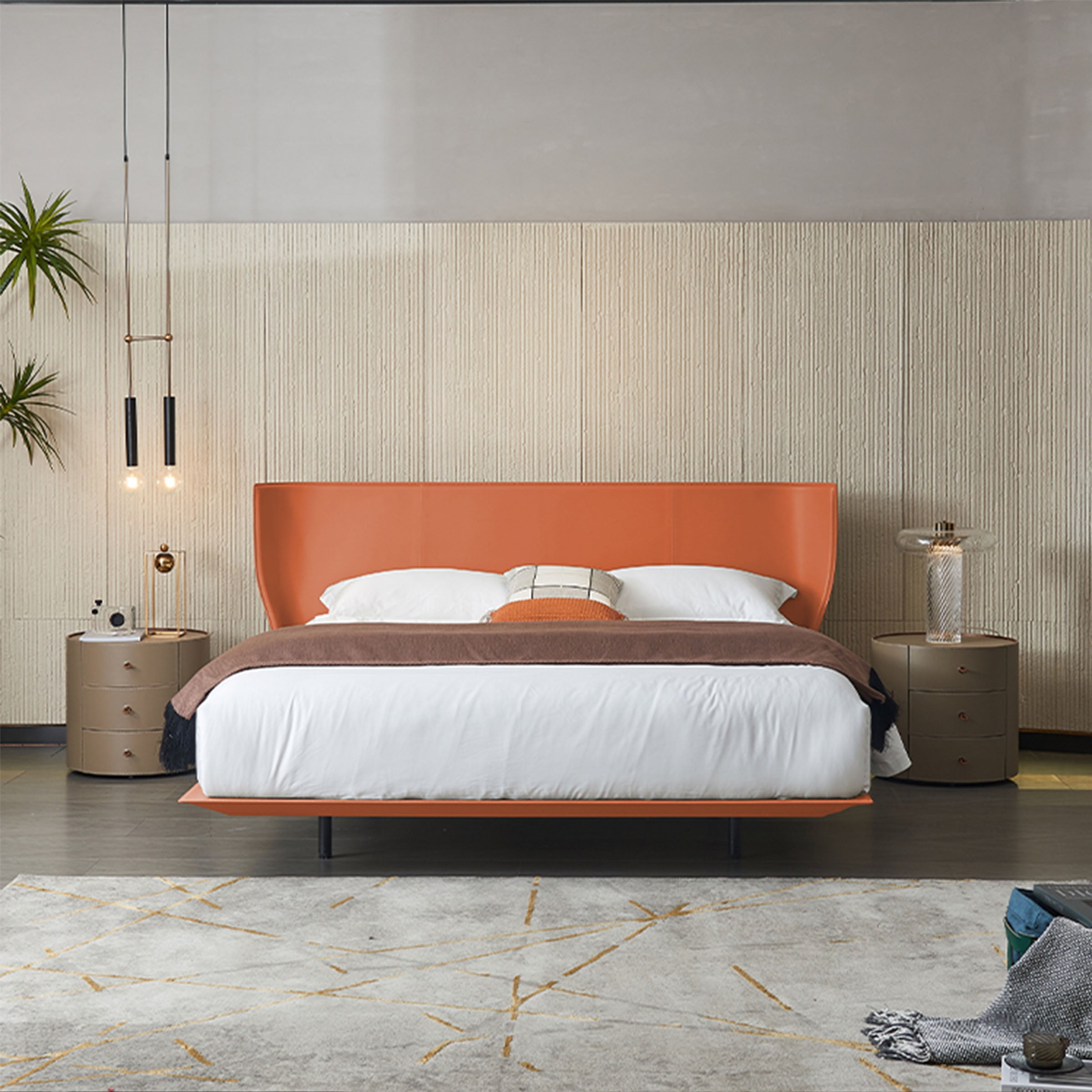 Orange Verona King Size Bedstead by BEACON with a modern design and wooden frame, shown in a well-lit bedroom setting.