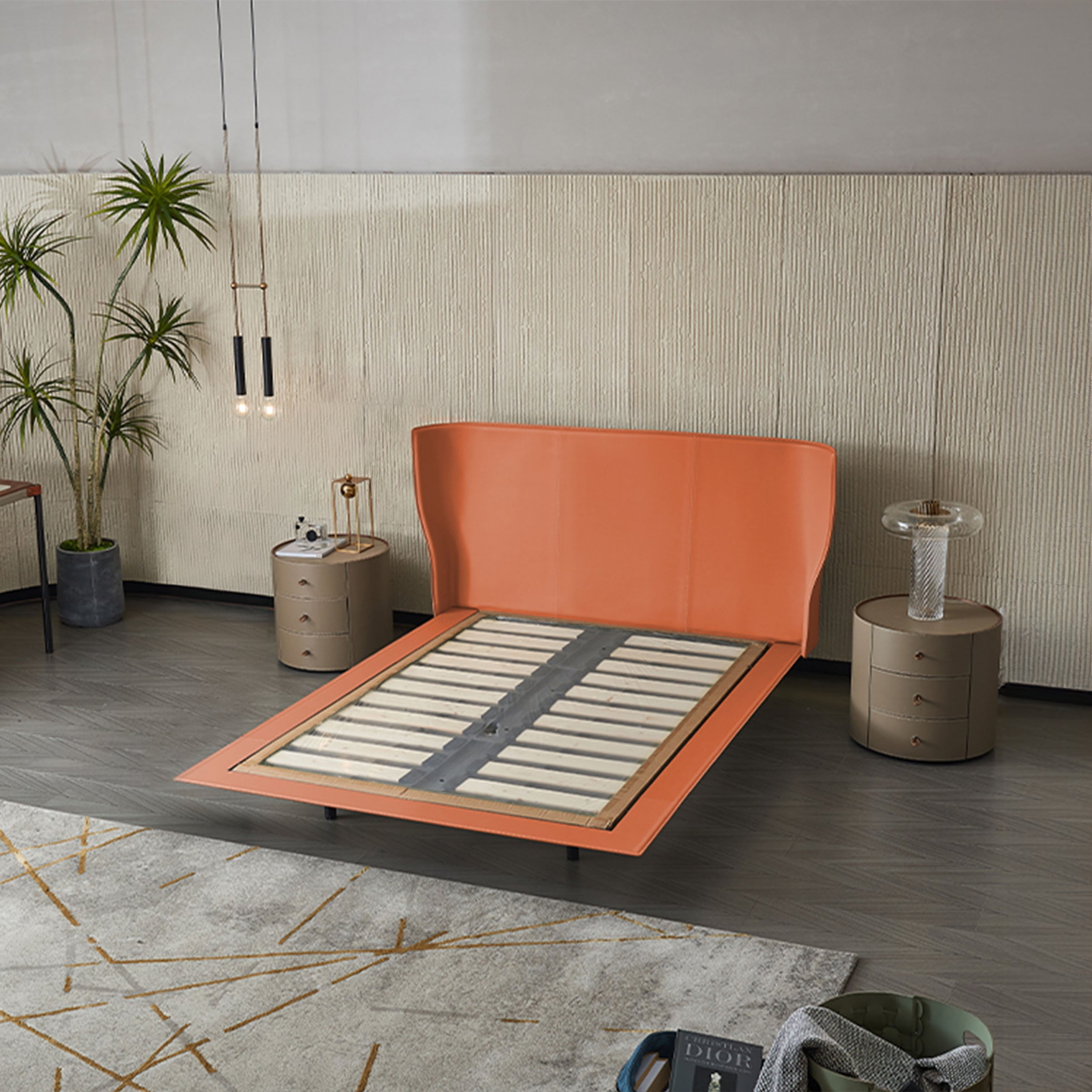 Orange Verona single size bedstead by BEACON with a sleek design, perfect for a modern bedroom setting.