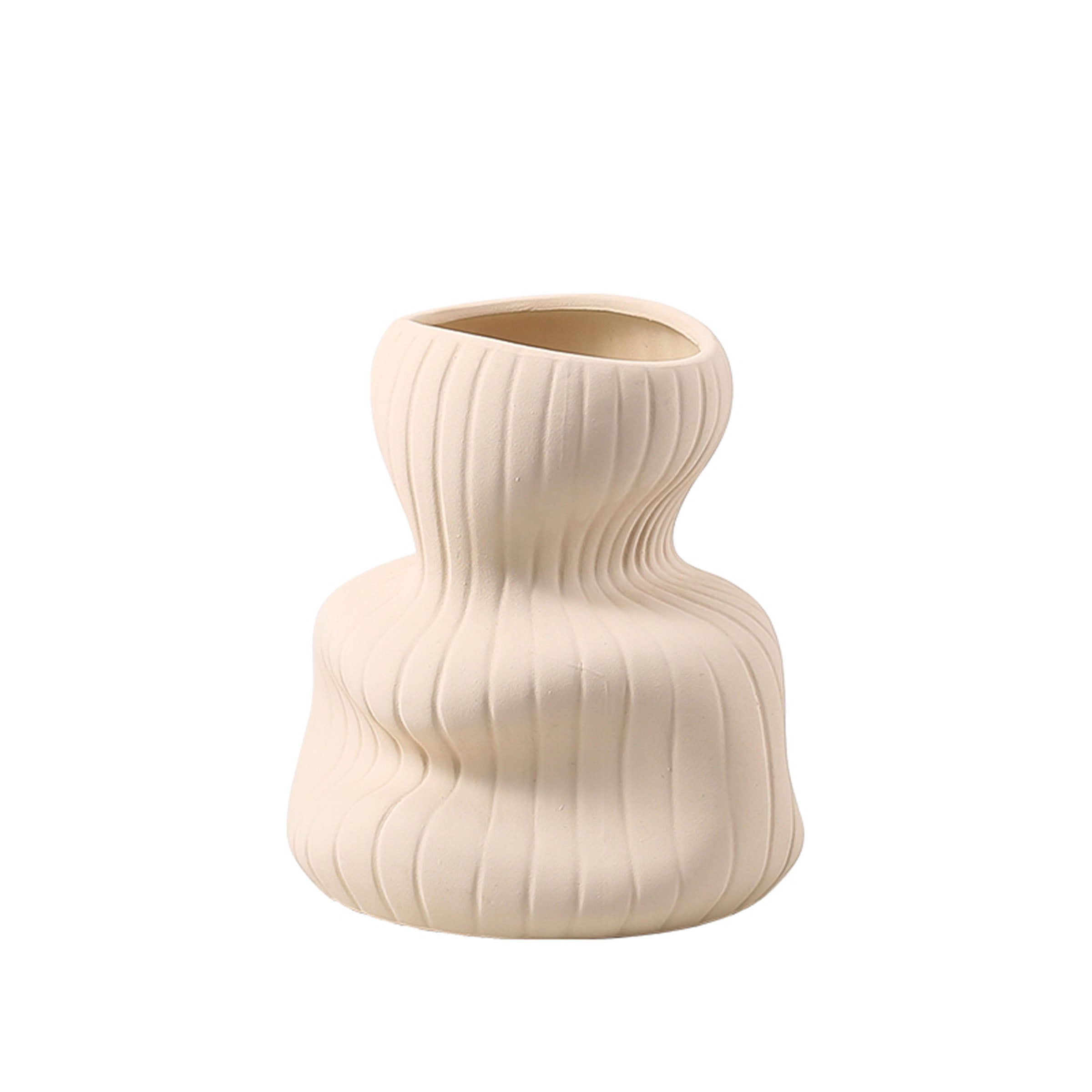 Beige vertical curved vase by BEACON, made of ceramic, showcasing a sleek, modern design perfect for contemporary home decor.