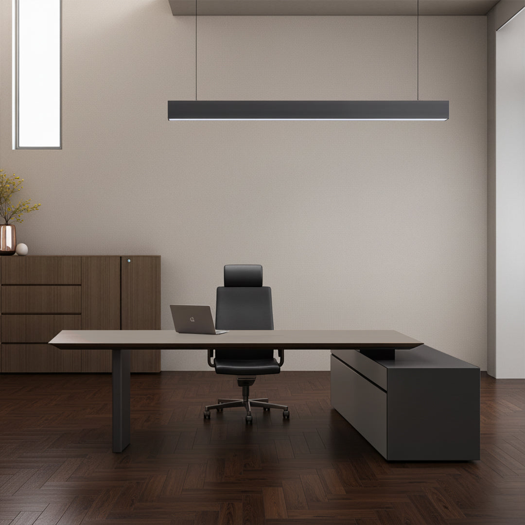 Vipo Lift and Push-Pull Office Desk in wood finish, adjustable height from 75 to 115 cm, with spacious W240 x D190 cm surface.