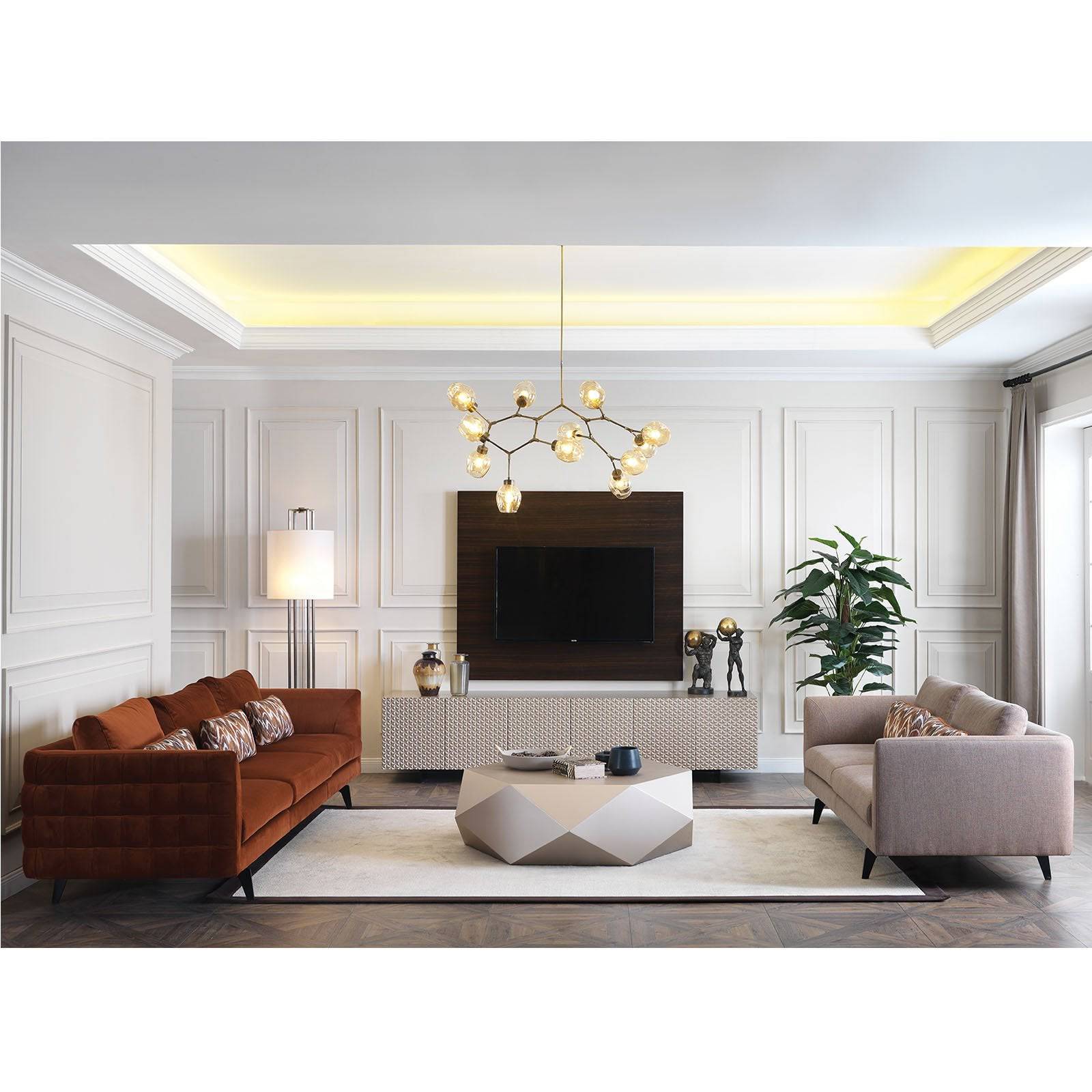 YOL LIVING Vittoria Lounge Chair and Valeria Armchair in modern design with plush upholstery and sleek wooden legs.