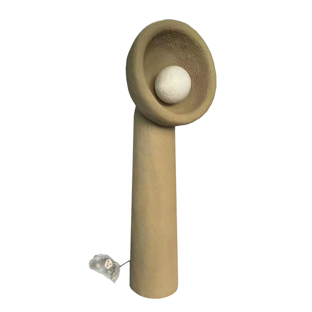 BEACON Wabi Sabi brown floor lamp with wooden base and fabric shade, standing 120cm tall, modern and minimalist design.