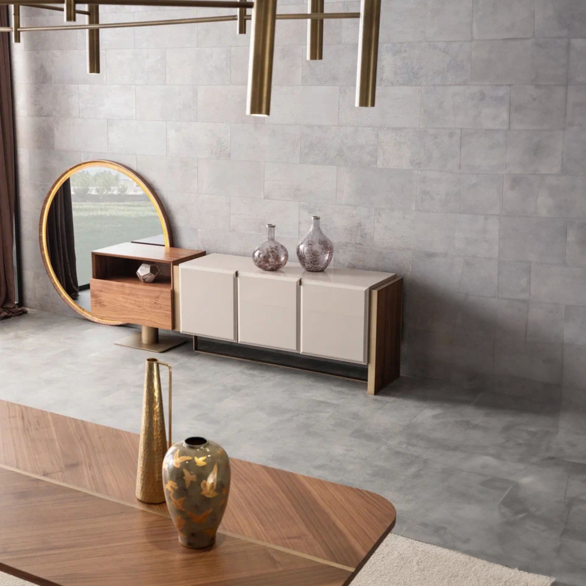 Walnut wagon-style console mirror by ORIX, featuring a wooden frame and vintage-inspired design for wall decor or entryways.