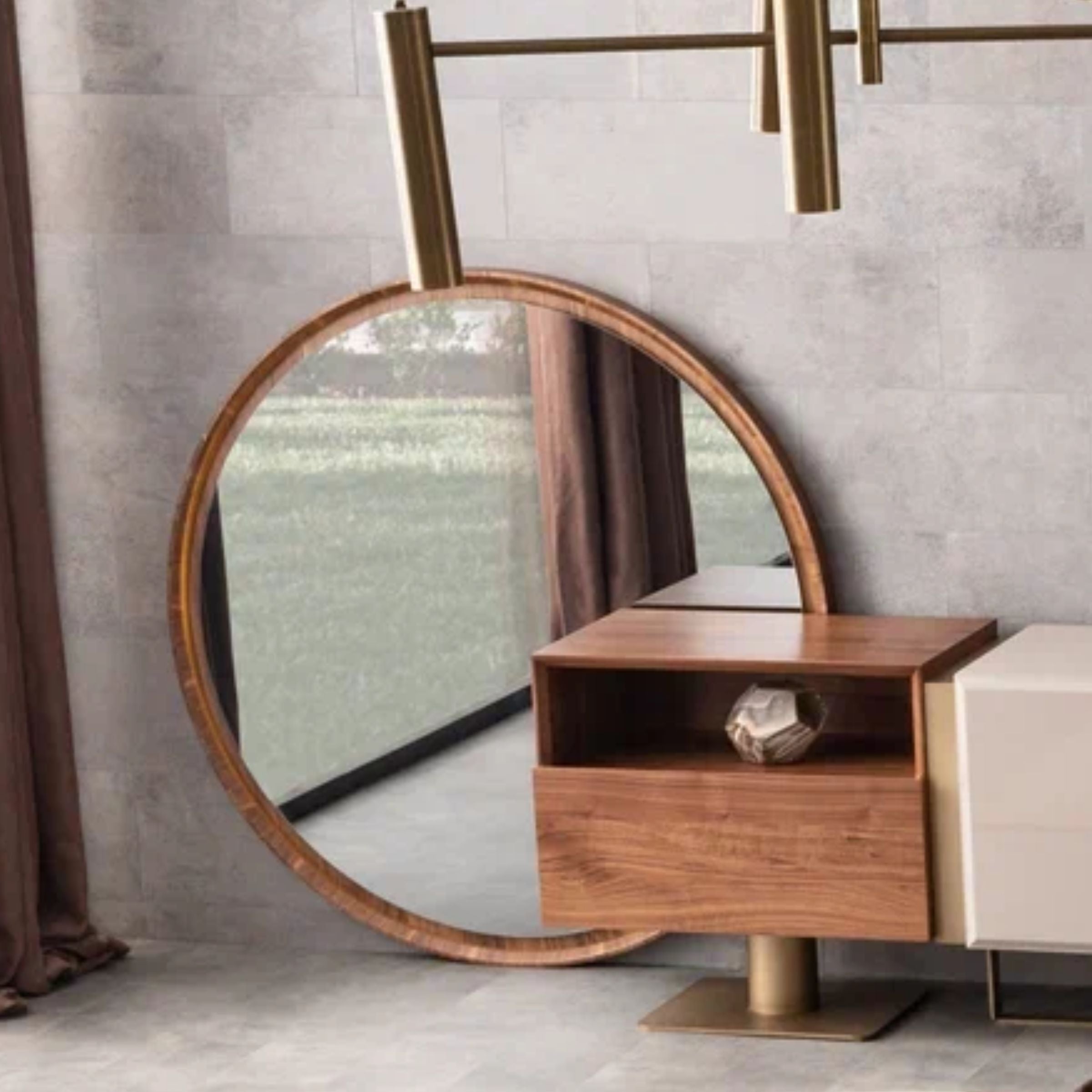 Walnut console mirror by ORIX featuring a rectangular wooden frame and sleek design, mounted on a wall.