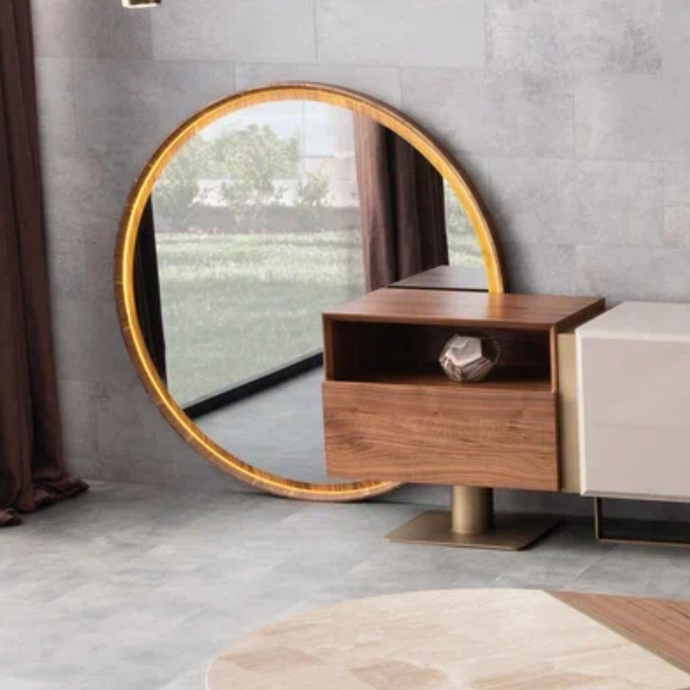 Walnut console mirror by ORIX, featuring a sleek rectangular design with a wooden frame and wall-mounting hardware.