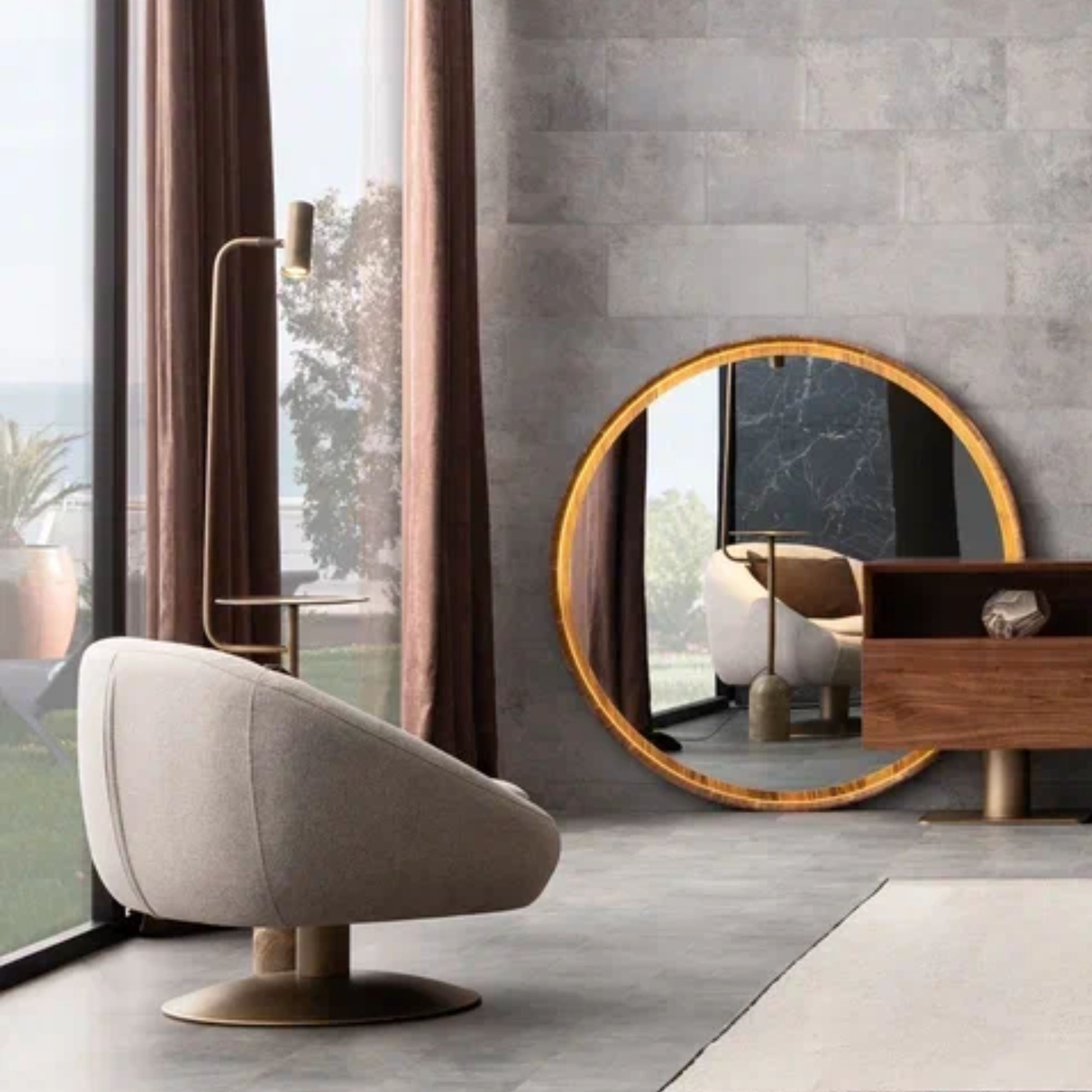 Walnut console mirror by ORIX, featuring a sleek rectangular design with a walnut wood frame and minimalist style.