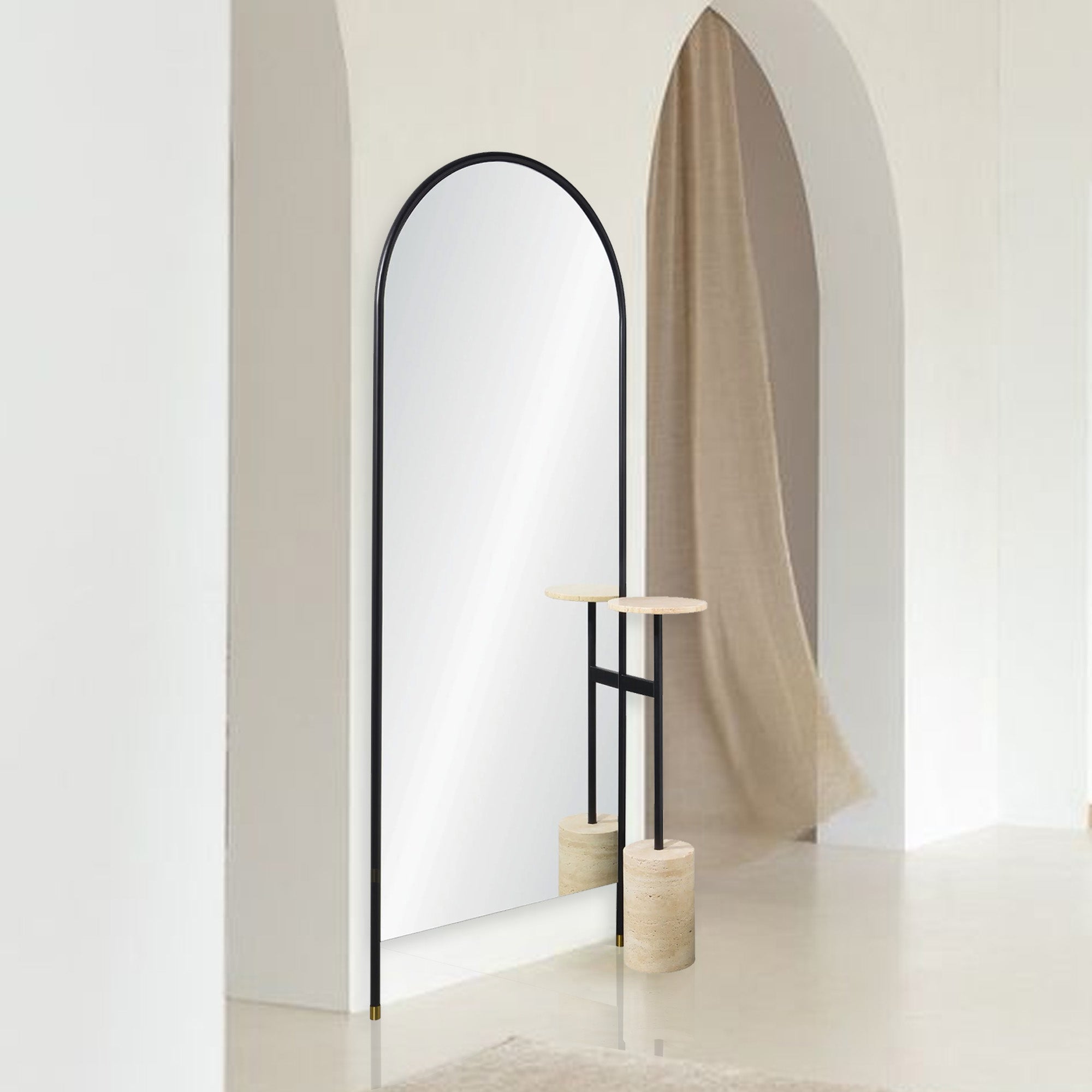 Black wall mirror with a marble stand, designed by BEACON, featuring a sleek rectangular frame and modern decor style.