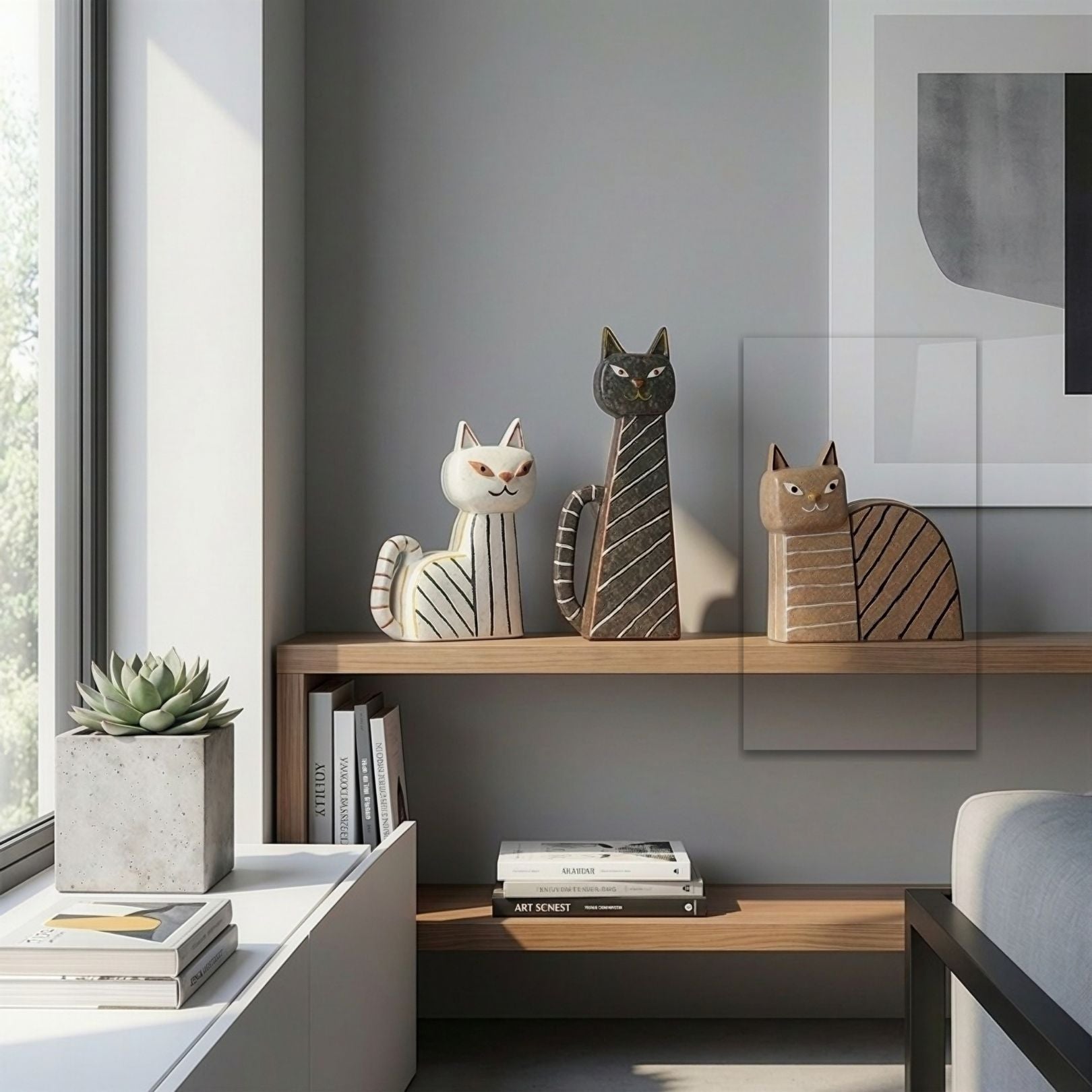 Hand-painted ceramic sand cat figurine with striped design, decorative home decor piece by BEACON.