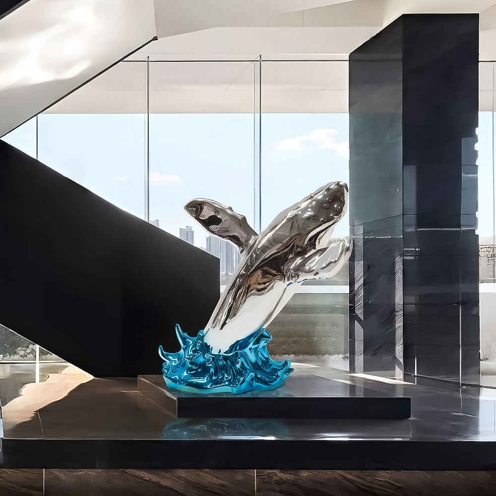 Fiberglass whale sculpture by BEACON, styled long design with detailed features, perfect for art decor or display.
